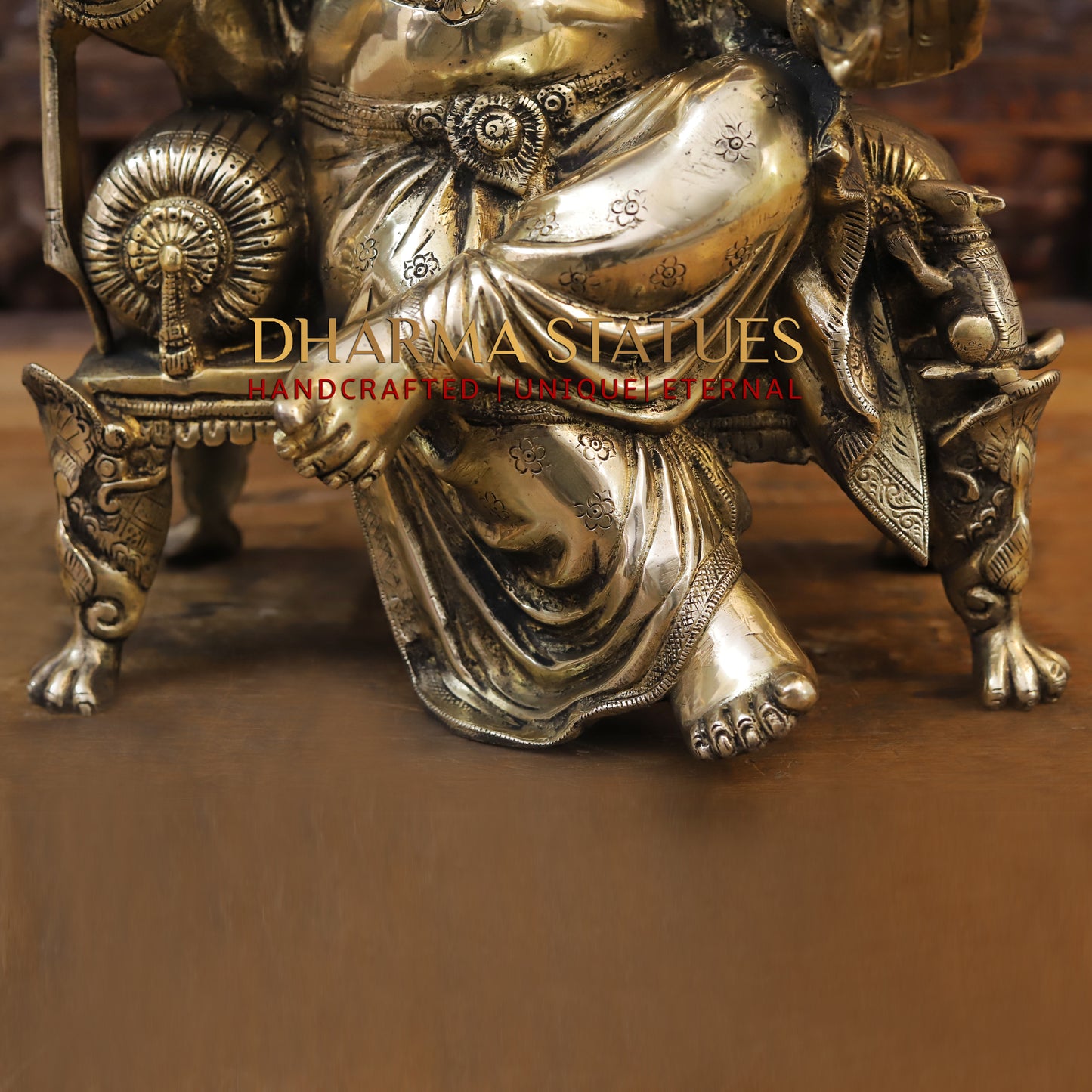 Brass Ganesh seated on Chowki, Blessing posture, Golden Finish, 20"