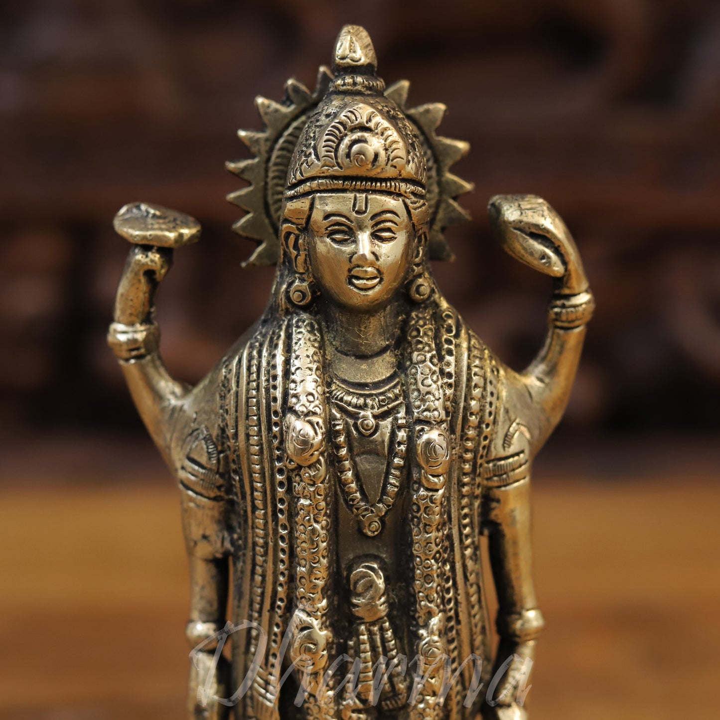Brass Lord Vishnu Statue Standing on Lotus, Fine Golden Finish, 8.5"