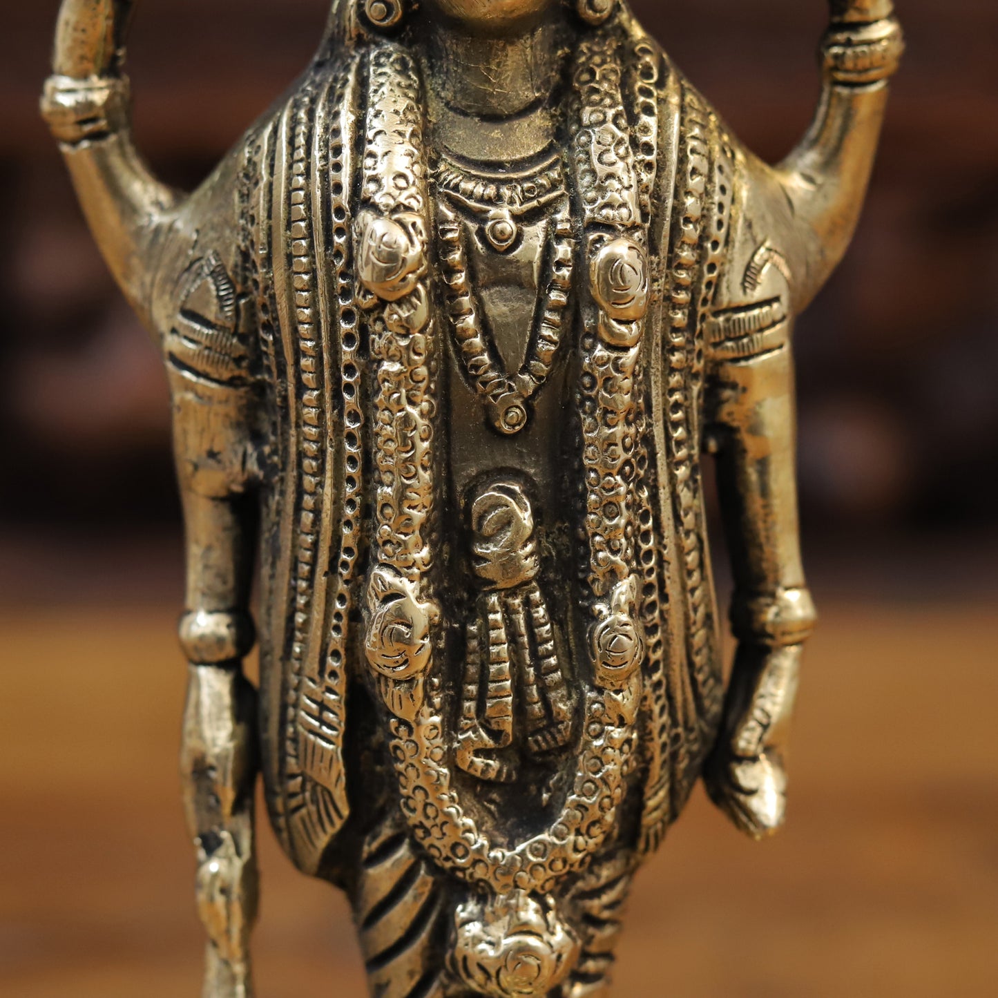Brass Lord Vishnu Statue Standing on Lotus, Fine Golden Finish, 8.5"