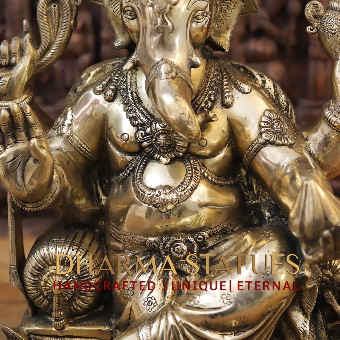Brass Ganesh seated on Chowki, Blessing posture, Golden Finish, 20"