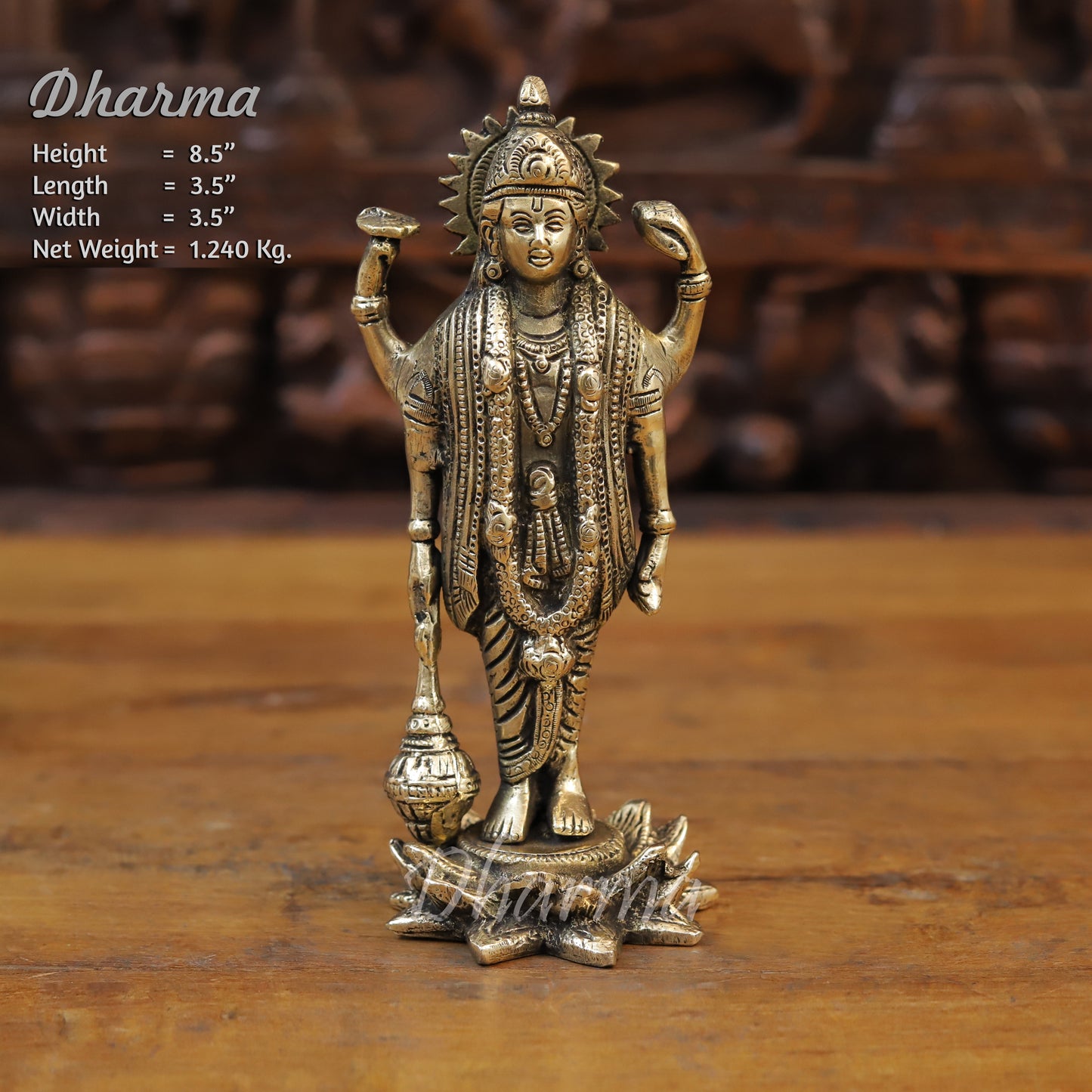 Brass Lord Vishnu Statue Standing on Lotus, Fine Golden Finish, 8.5"