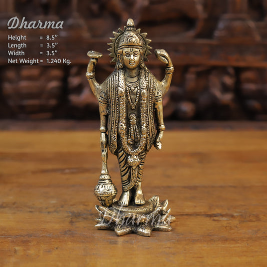 Brass Lord Vishnu Statue Standing on Lotus, Fine Golden Finish, 8.5"