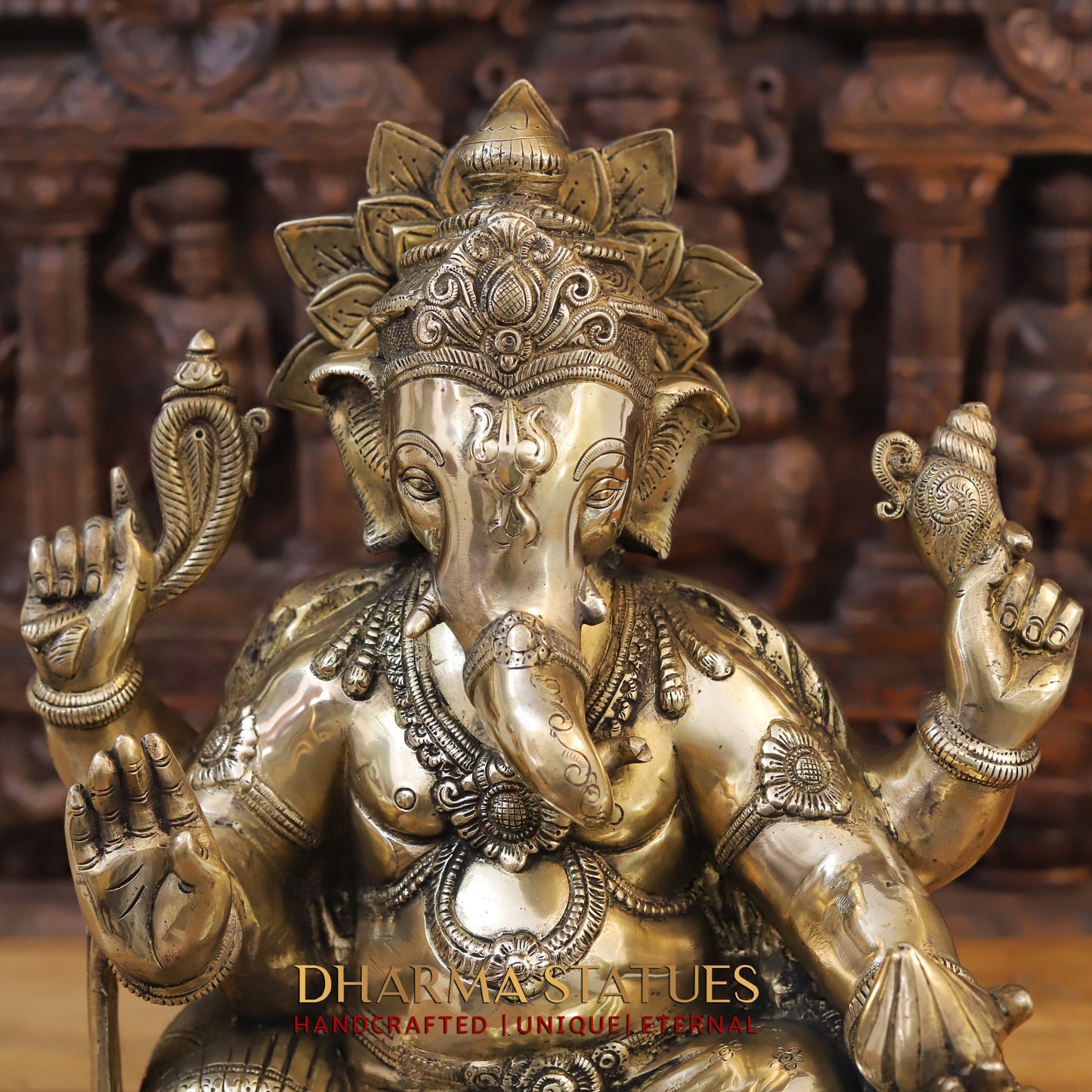 Brass Ganesh seated on Chowki, Blessing posture, Golden Finish, 20"