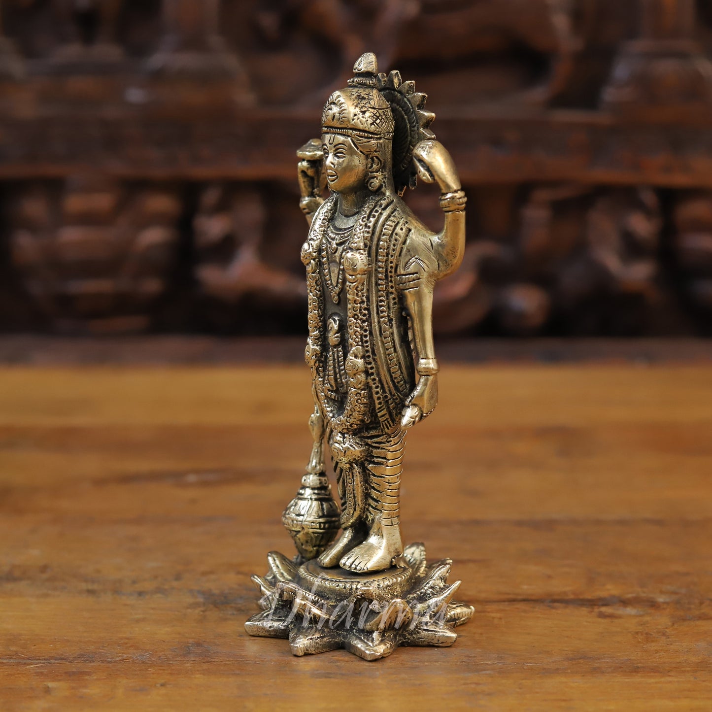 Brass Lord Vishnu Statue Standing on Lotus, Fine Golden Finish, 8.5"