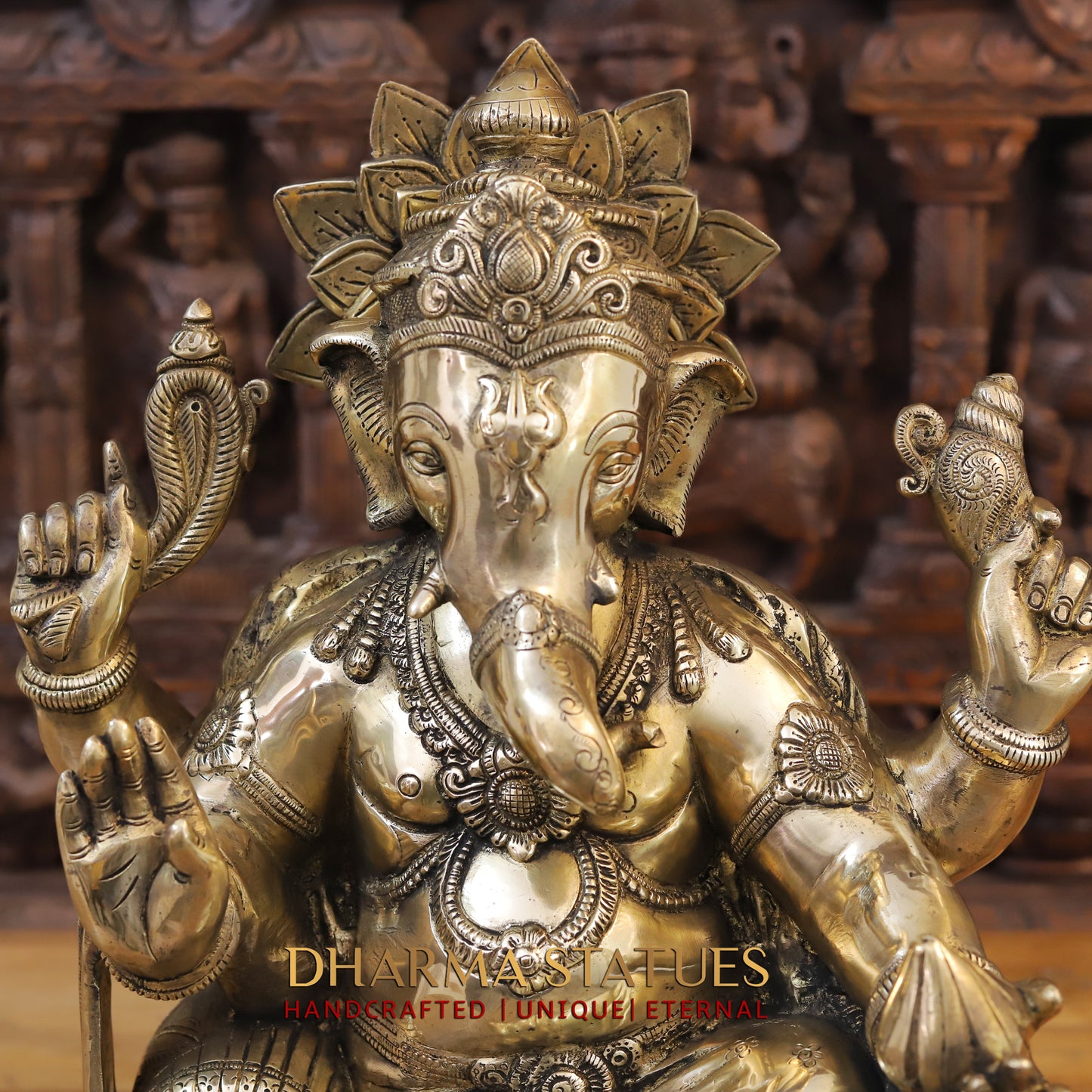 Brass Ganesh seated on Chowki, Blessing posture, Golden Finish, 20"