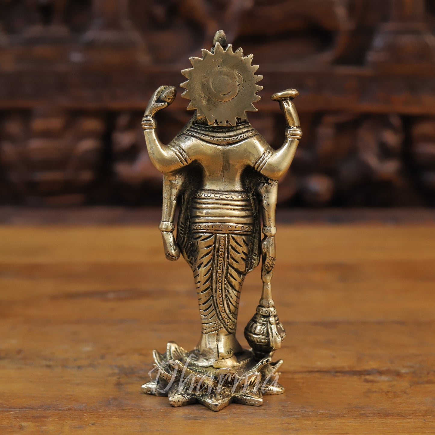 Brass Lord Vishnu Statue Standing on Lotus, Fine Golden Finish, 8.5"