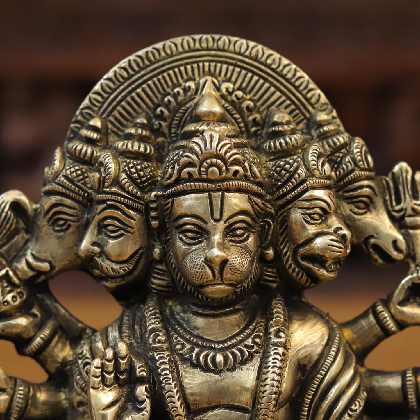 Brass Panchmukhi Hanuman Seated, Fine Golden Finish, 7"