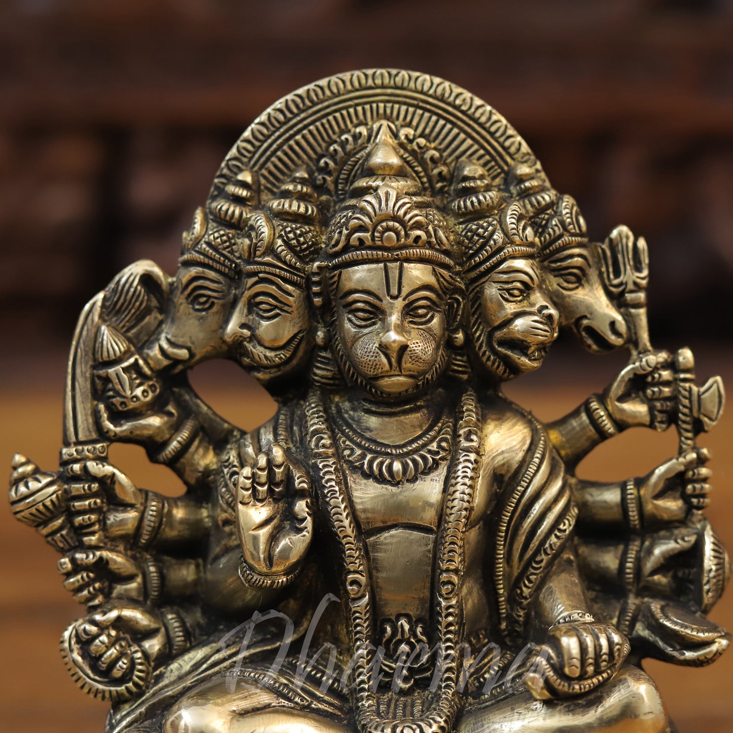 Brass Panchmukhi Hanuman Seated, Fine Golden Finish, 7"