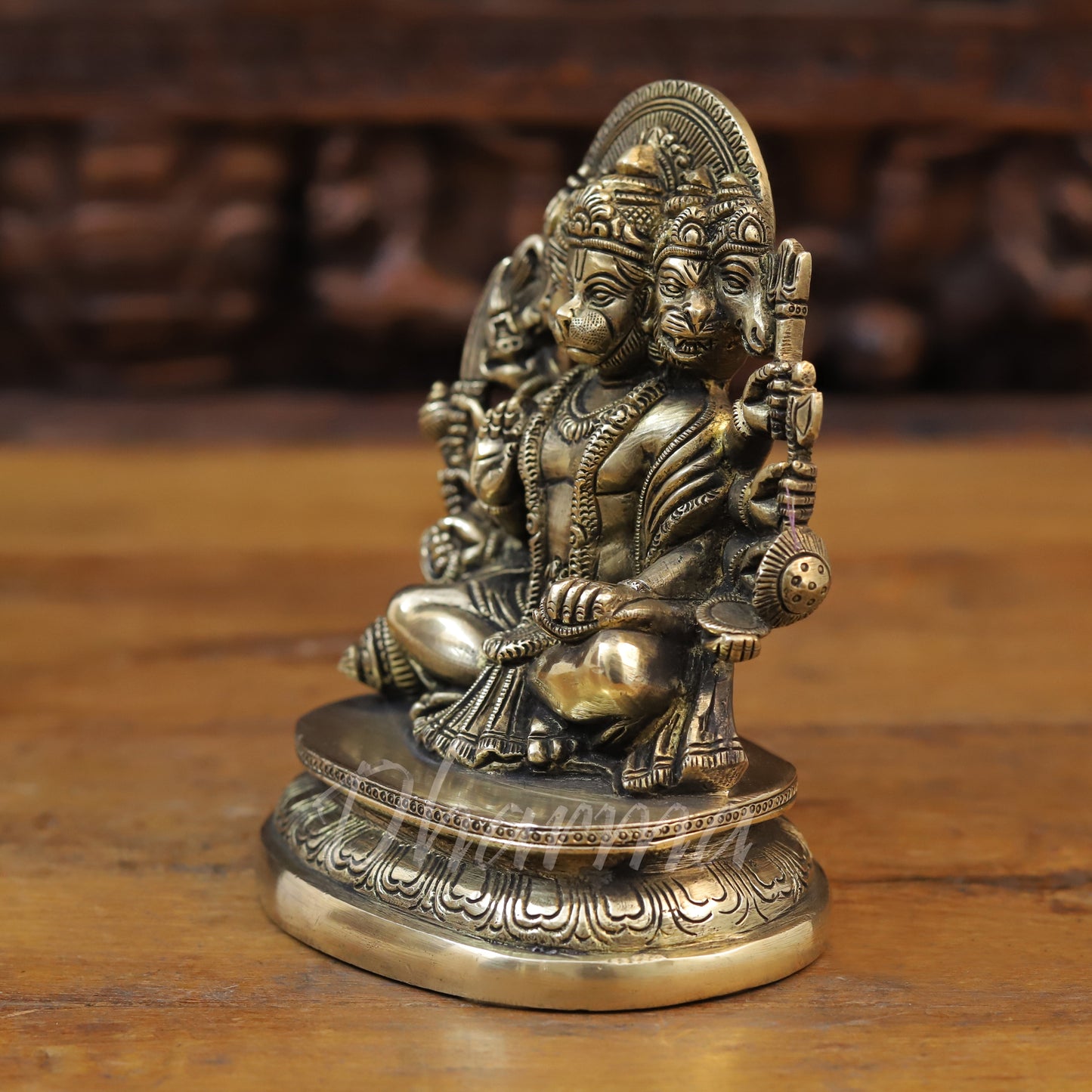 Brass Panchmukhi Hanuman Seated, Fine Golden Finish, 7"