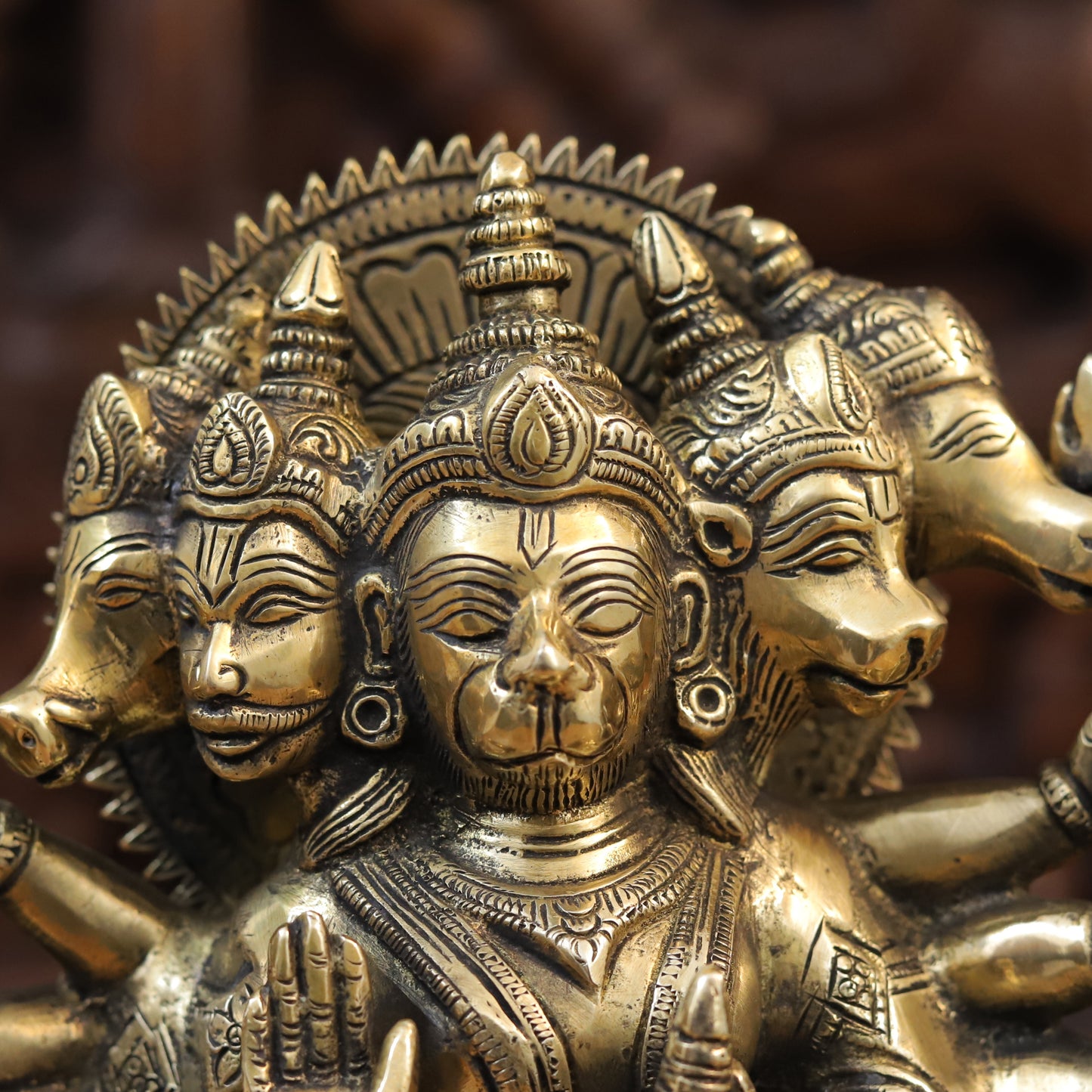 Brass Panchmukhi Hanuman Seated, Fine Golden Finish, 10"