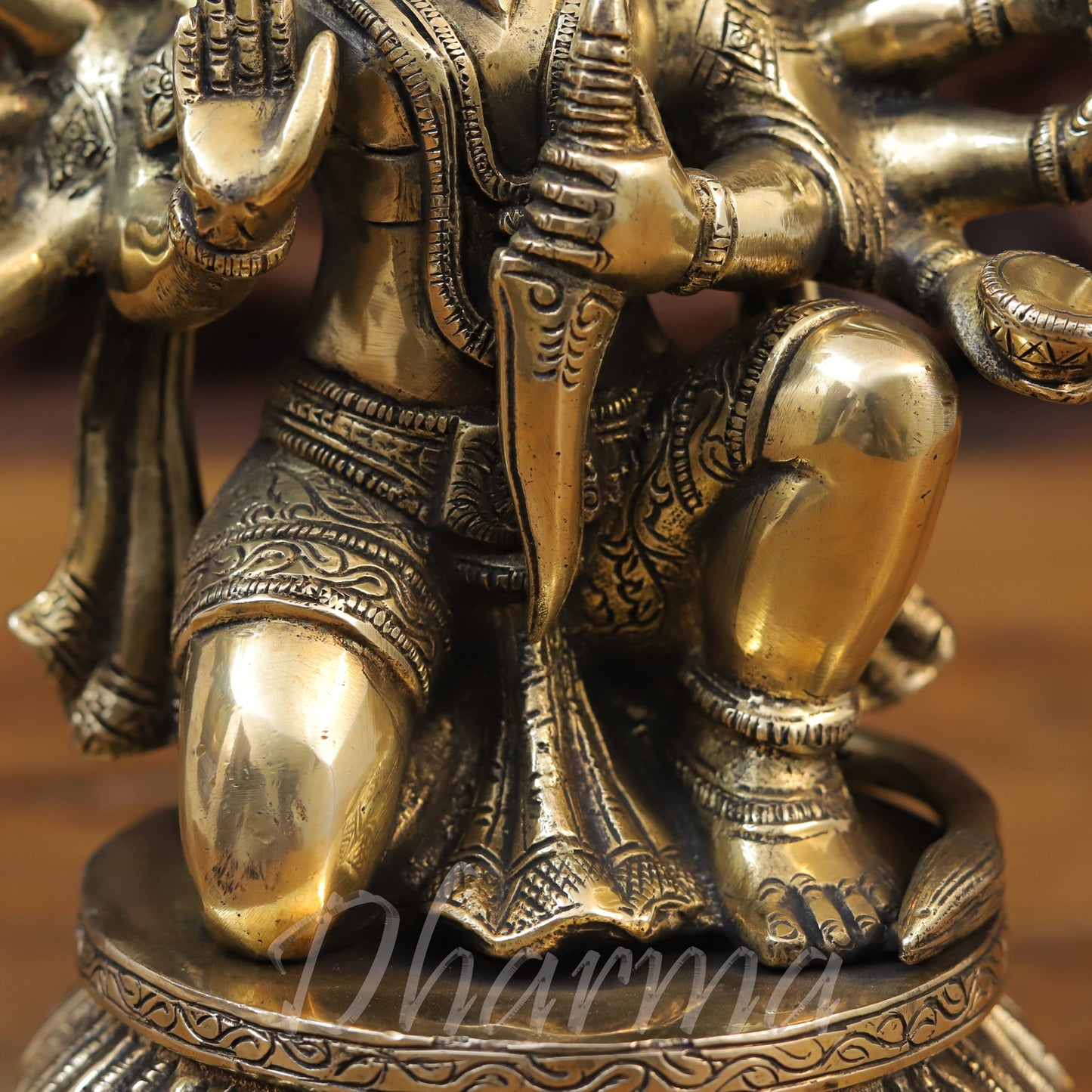 Brass Panchmukhi Hanuman Seated, Fine Golden Finish, 10"