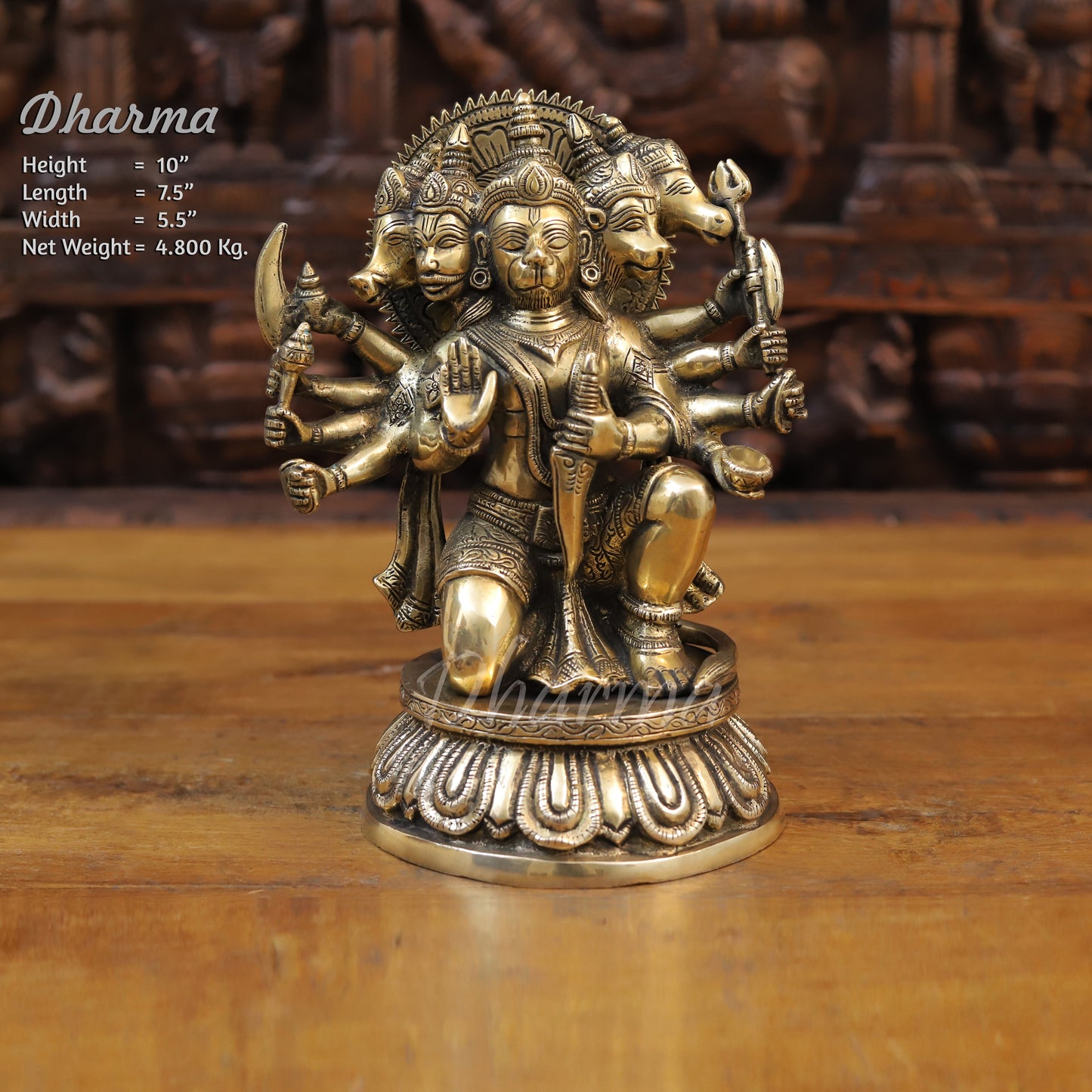 Brass Panchmukhi Hanuman Seated, Fine Golden Finish, 10"