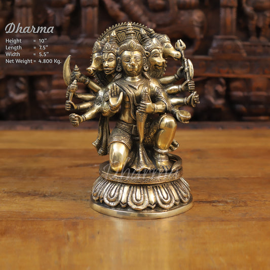 Brass Panchmukhi Hanuman Seated, Fine Golden Finish, 10"