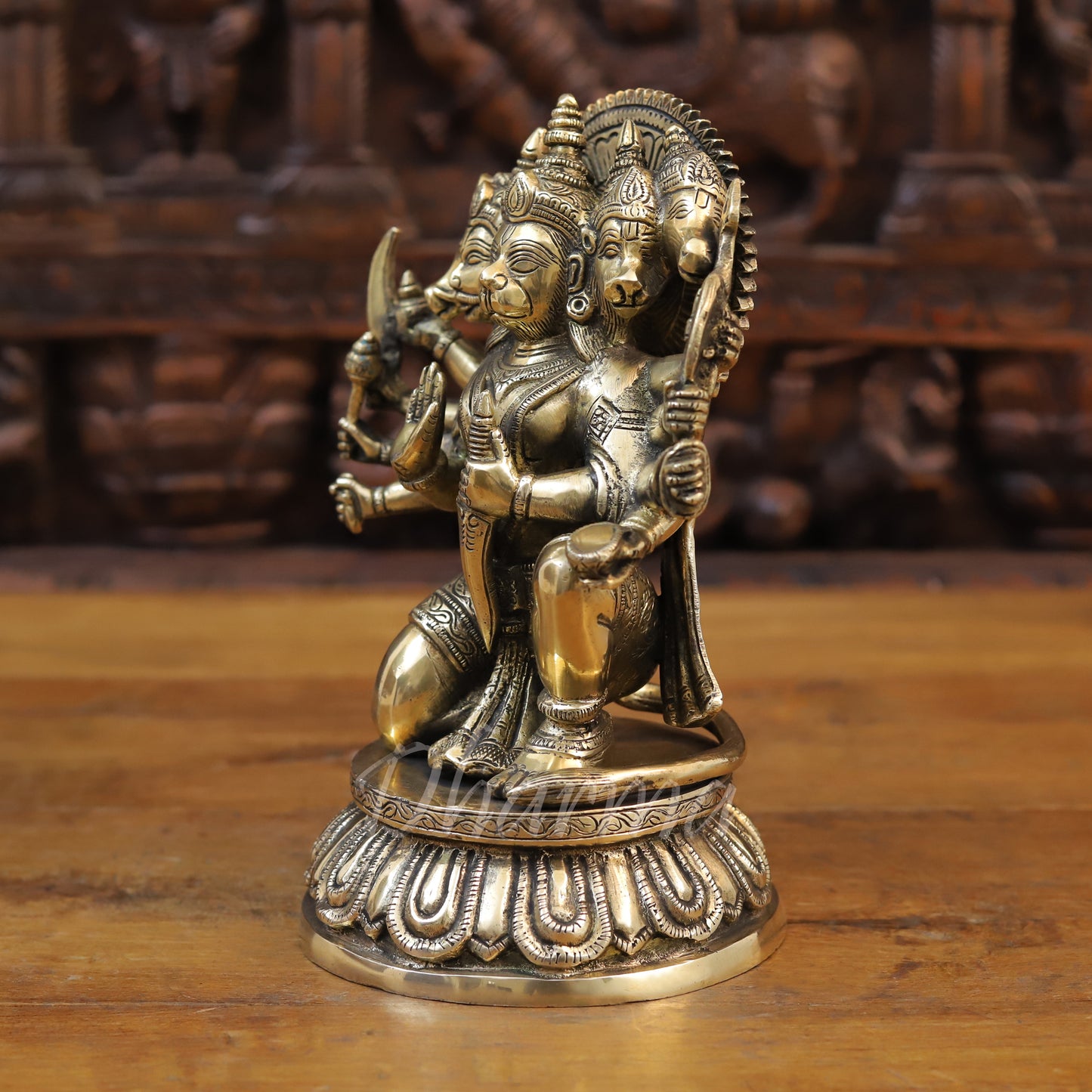 Brass Panchmukhi Hanuman Seated, Fine Golden Finish, 10"