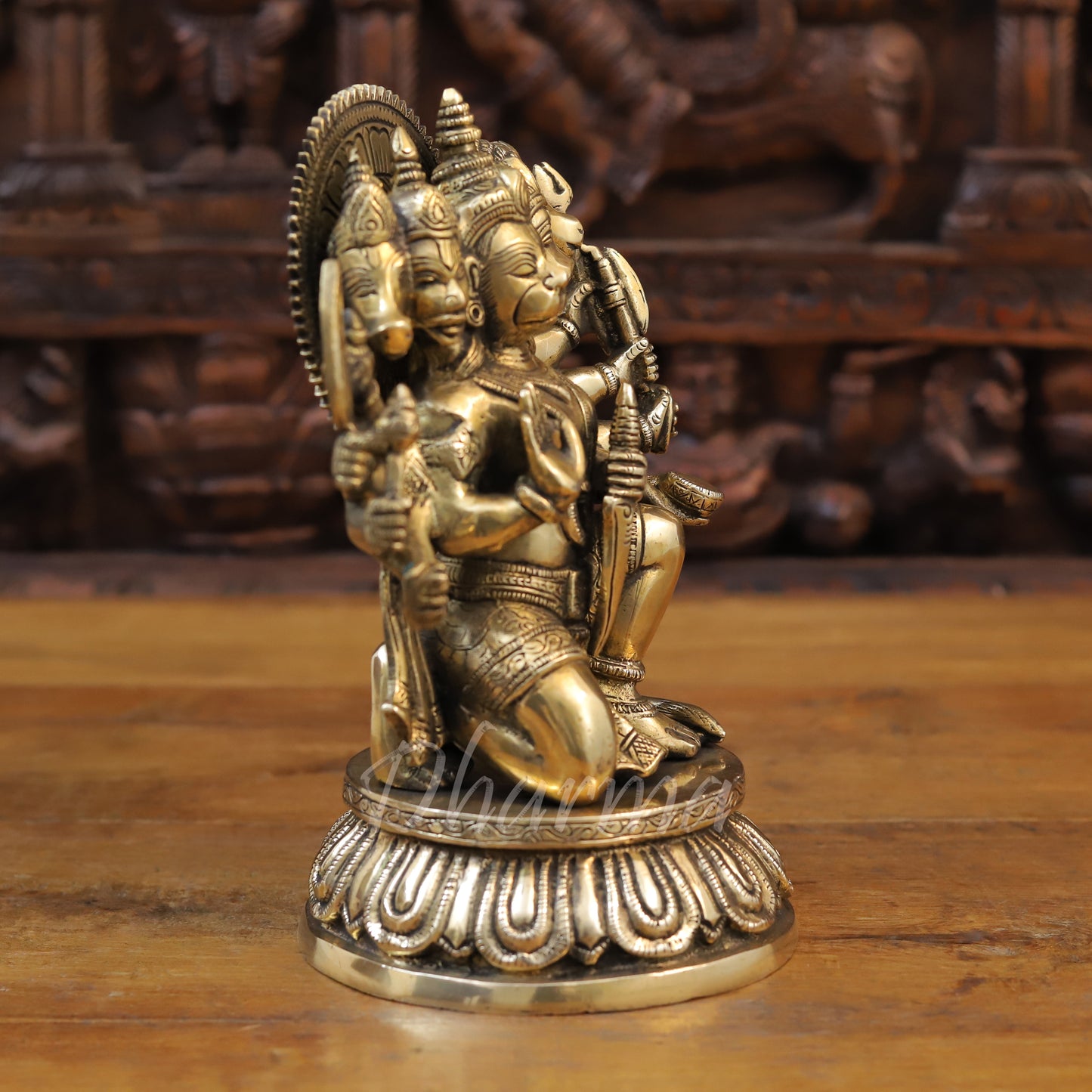 Brass Panchmukhi Hanuman Seated, Fine Golden Finish, 10"