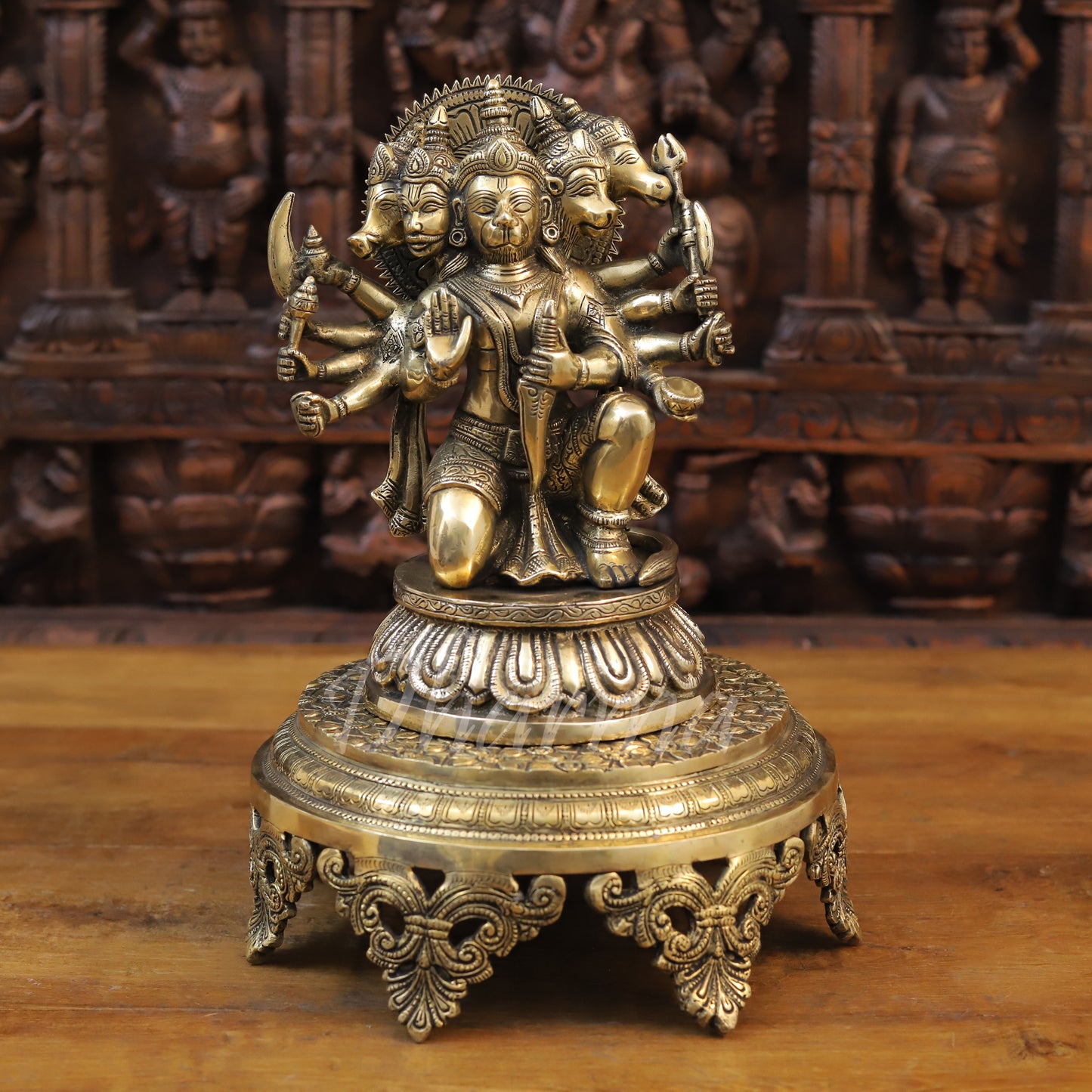 Brass Panchmukhi Hanuman Seated, Fine Golden Finish, 10"