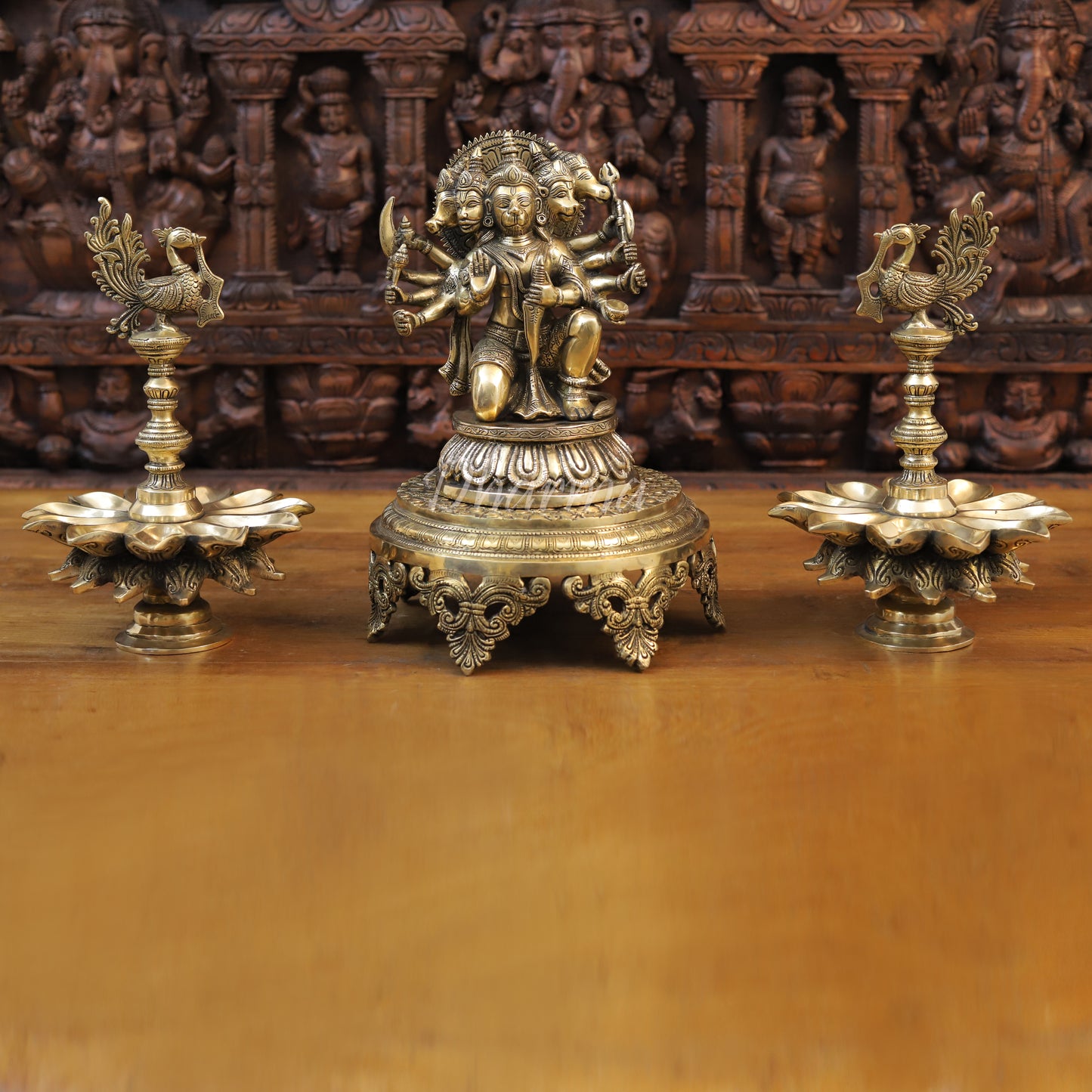 Brass Panchmukhi Hanuman Seated, Fine Golden Finish, 10"