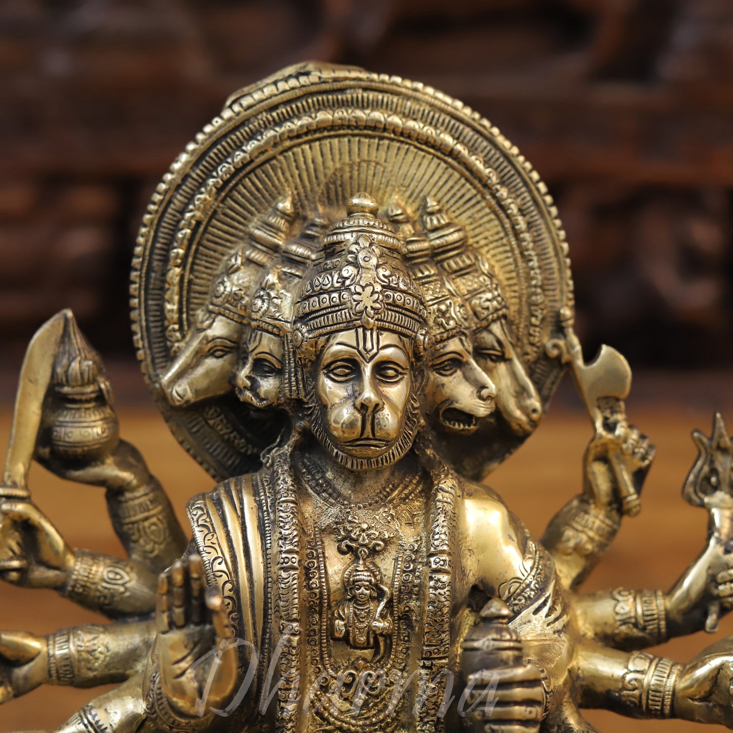 Brass Panchmukhi Hanuman Seated, Fine Golden Finish, 9"