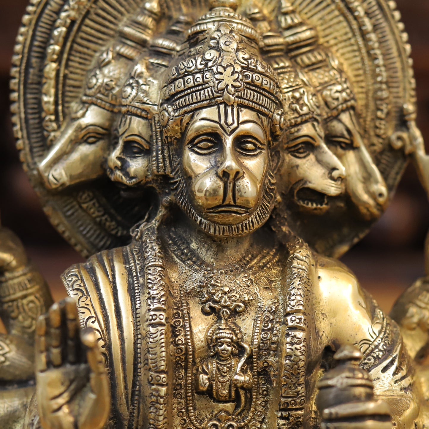 Brass Panchmukhi Hanuman Seated, Fine Golden Finish, 9"