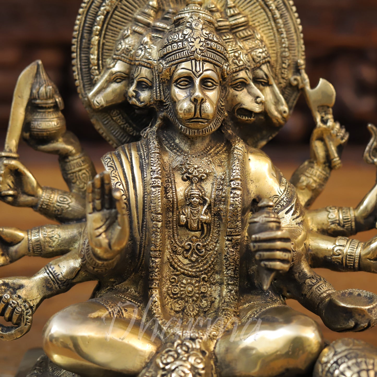Brass Panchmukhi Hanuman Seated, Fine Golden Finish, 9"