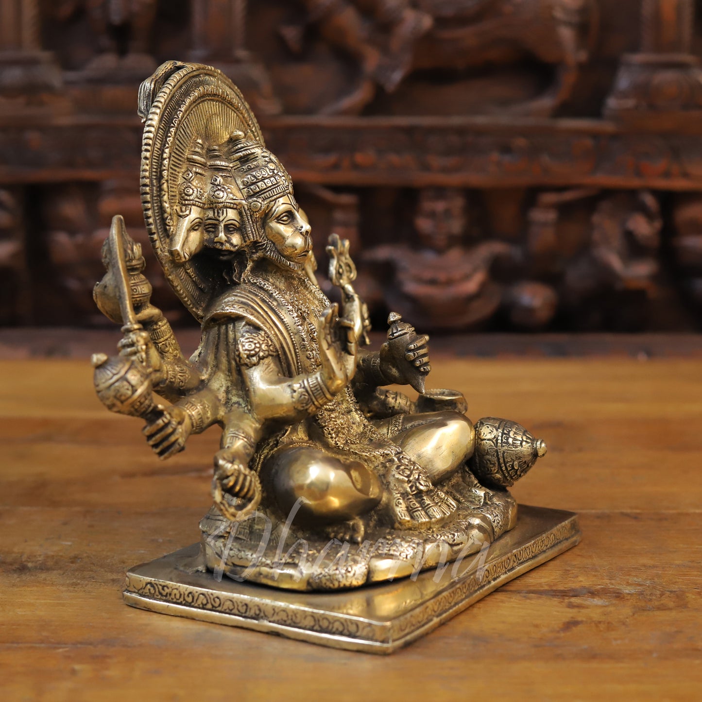 Brass Panchmukhi Hanuman Seated, Fine Golden Finish, 9"