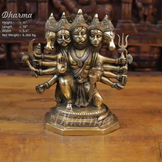 Brass Panchmukhi Hanuman Seated in Blessing Posture, Fine Golden Finish, 11"