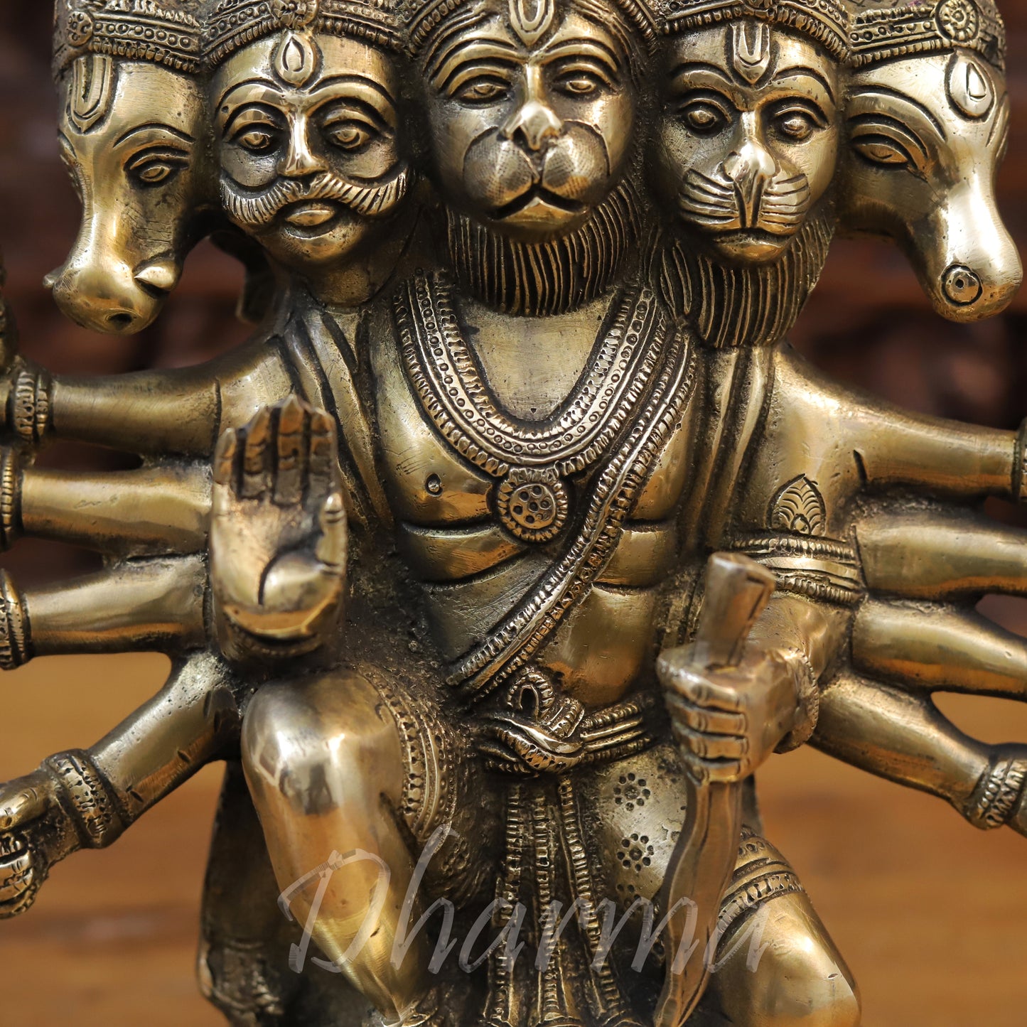 Brass Panchmukhi Hanuman Seated in Blessing Posture, Fine Golden Finish, 11"