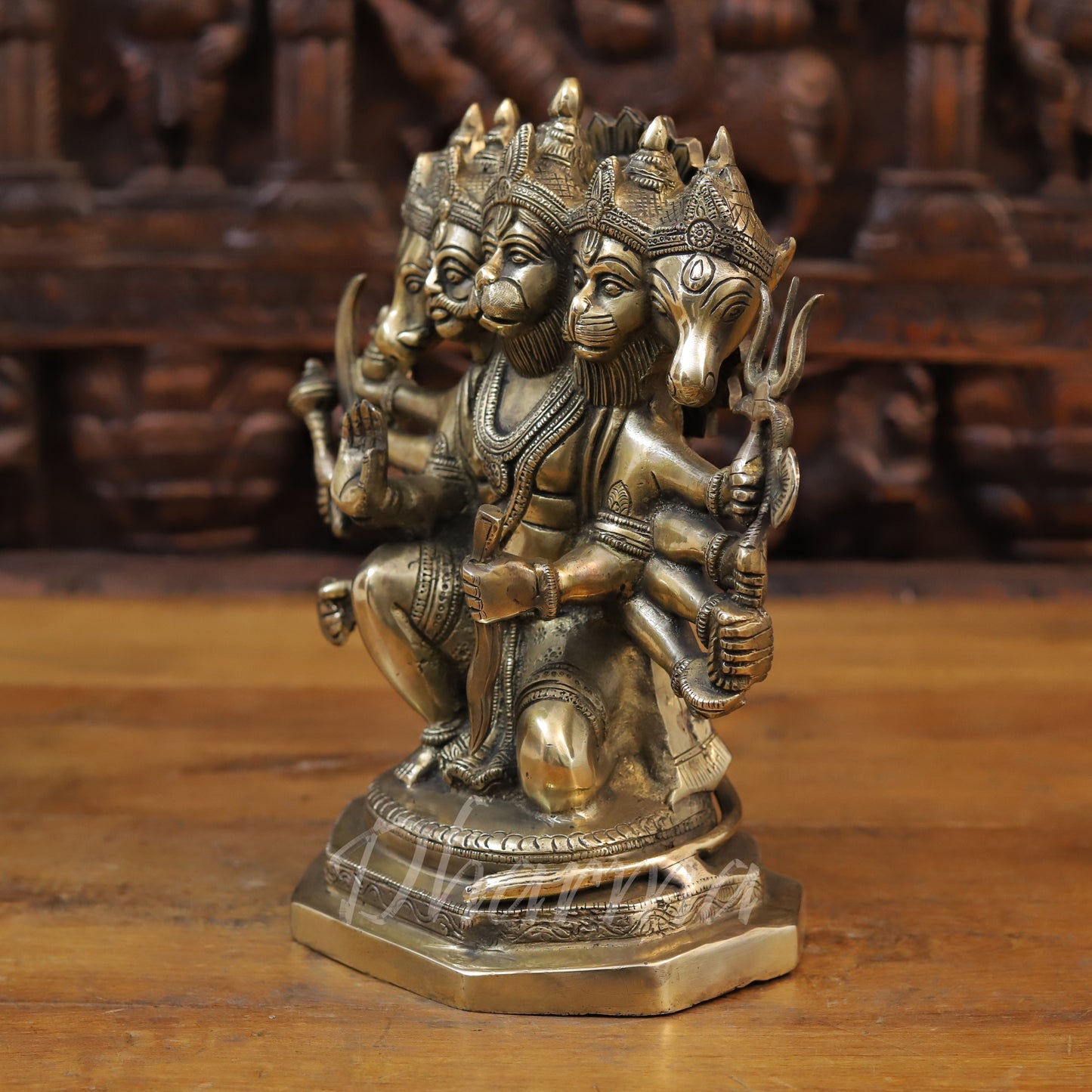 Brass Panchmukhi Hanuman Seated in Blessing Posture, Fine Golden Finish, 11"