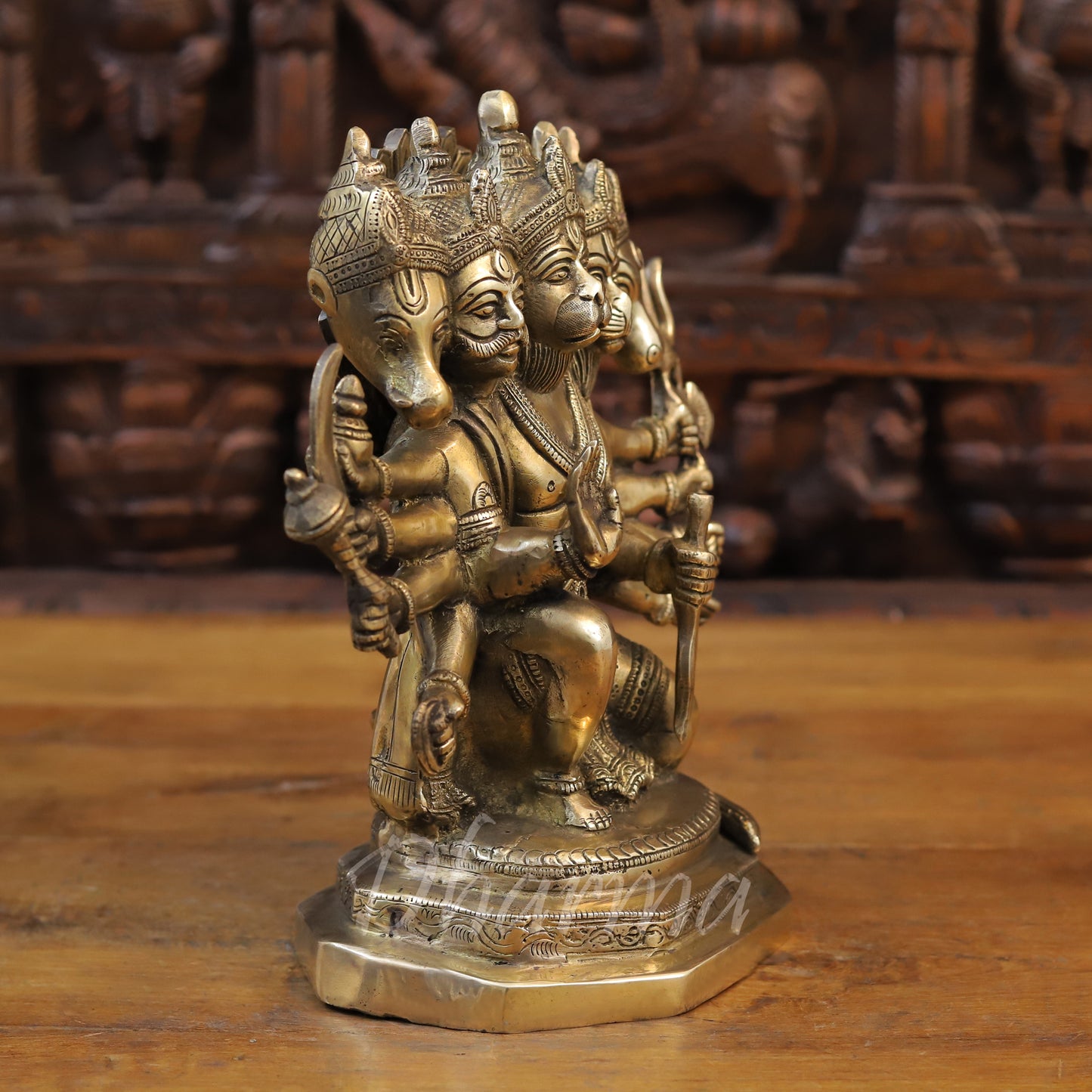 Brass Panchmukhi Hanuman Seated in Blessing Posture, Fine Golden Finish, 11"