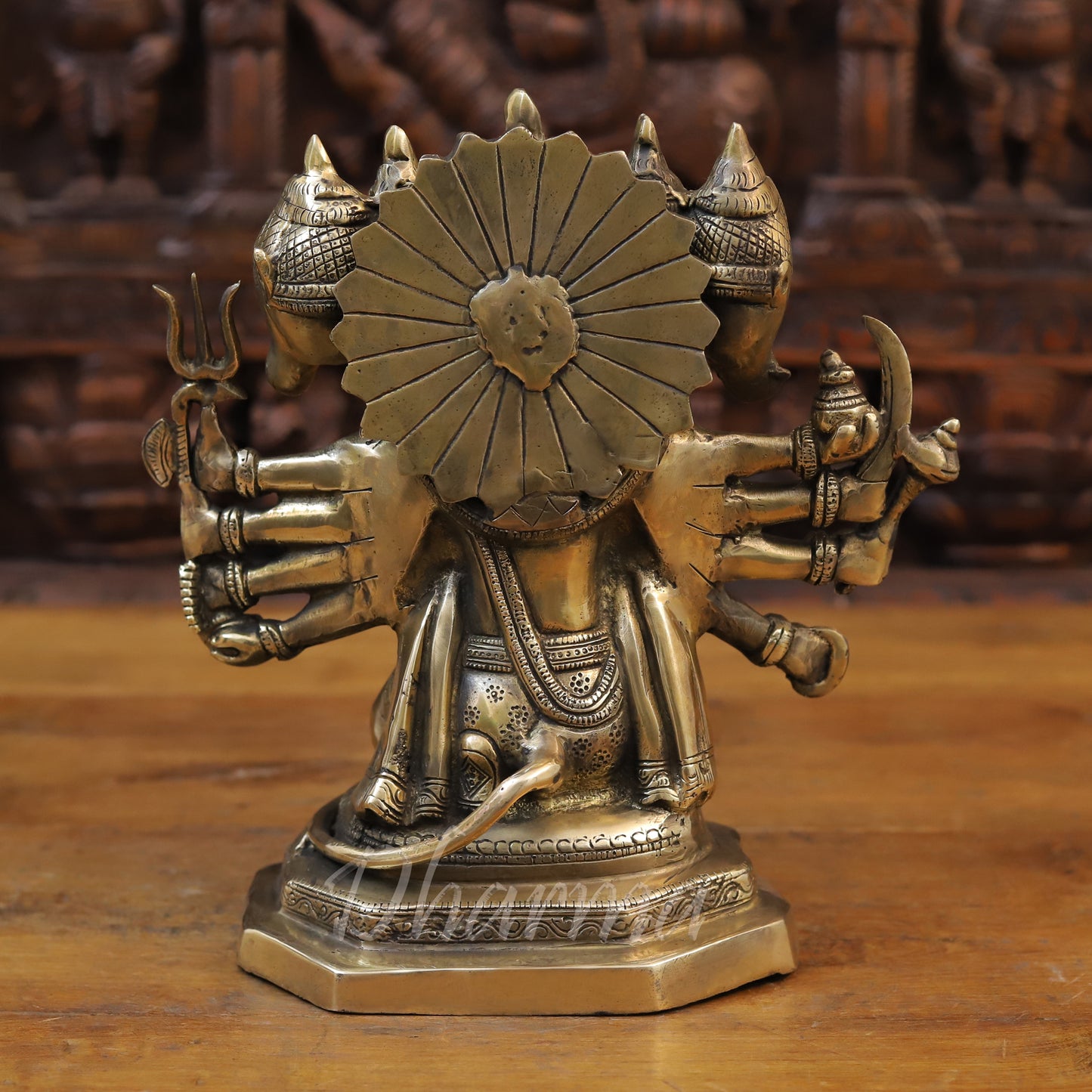 Brass Panchmukhi Hanuman Seated in Blessing Posture, Fine Golden Finish, 11"
