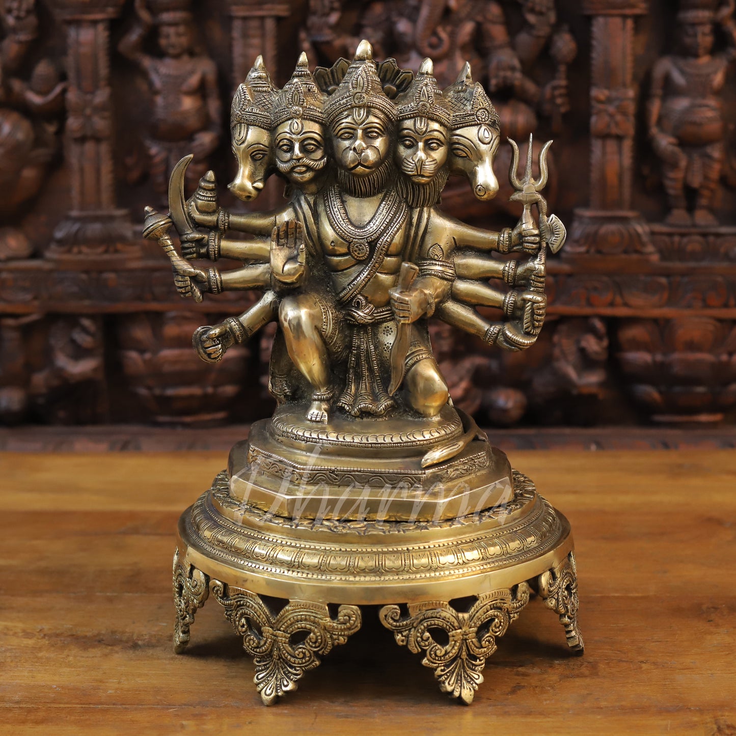 Brass Panchmukhi Hanuman Seated in Blessing Posture, Fine Golden Finish, 11"
