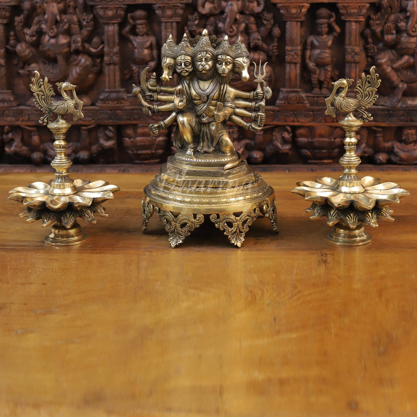 Brass Panchmukhi Hanuman Seated in Blessing Posture, Fine Golden Finish, 11"