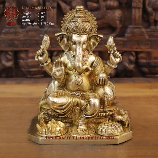 Brass Ganesh seated, Blessing Posture, Golden Finish, 12"