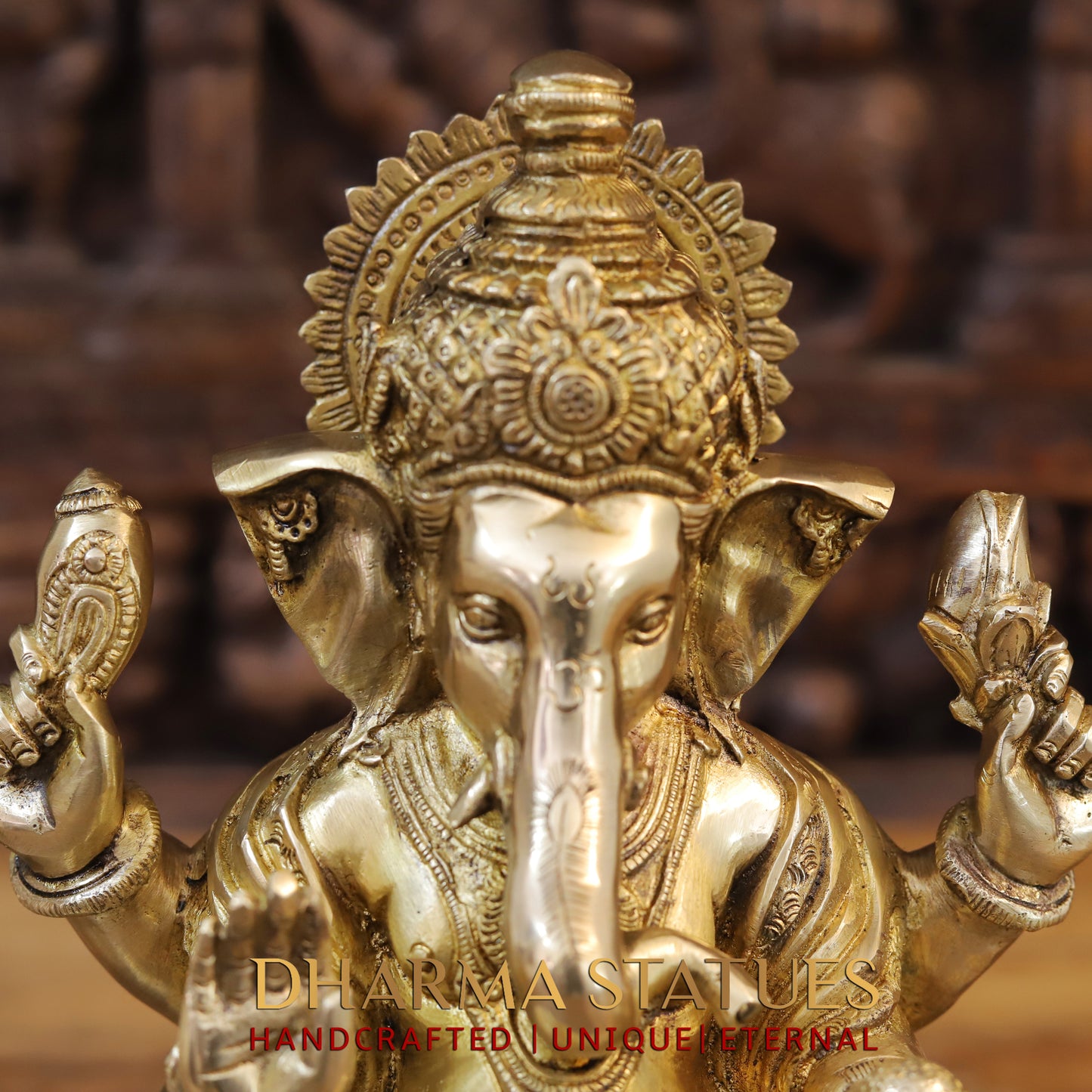 Brass Ganesh seated, Blessing Posture, Golden Finish, 12"