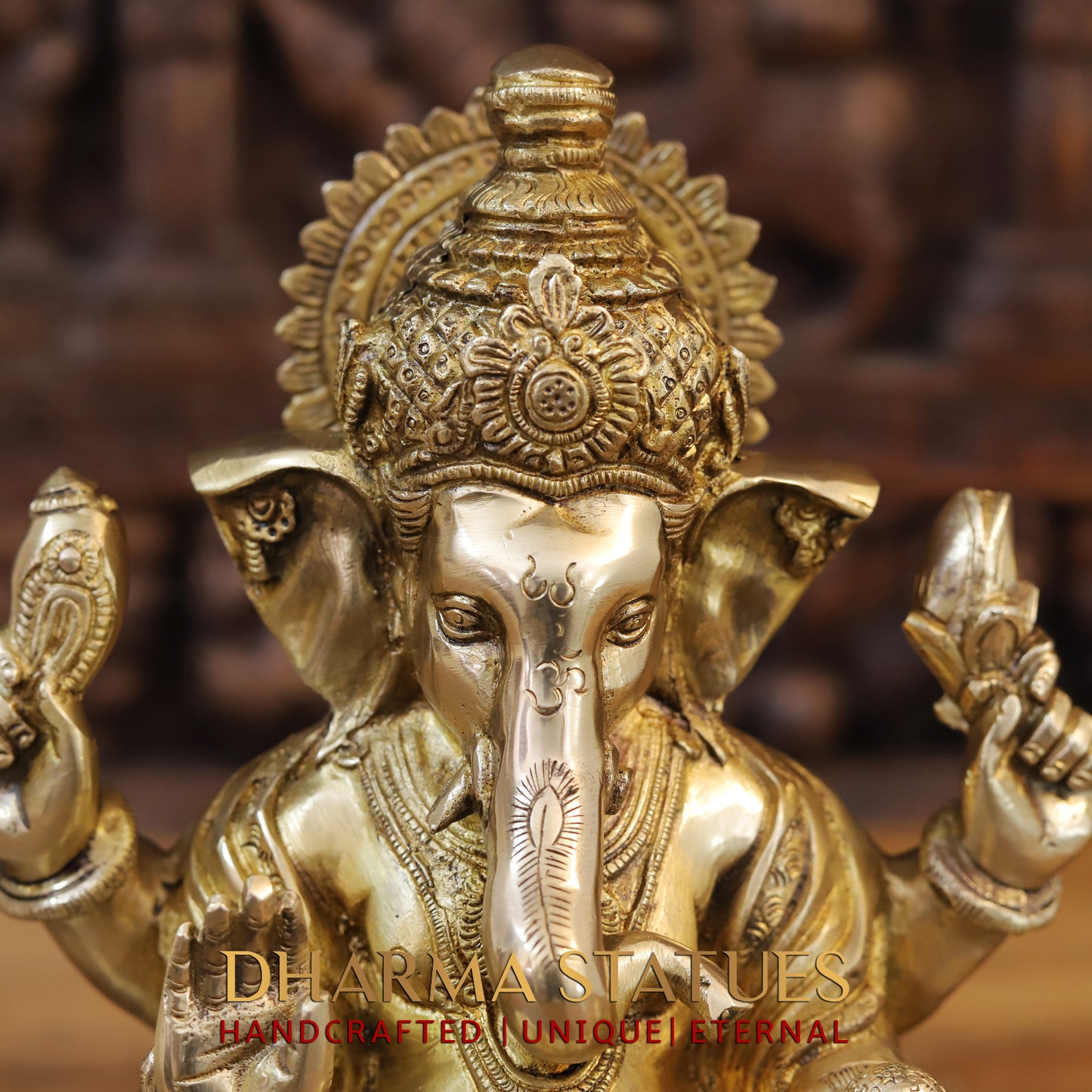 Brass Ganesh seated, Blessing Posture, Golden Finish, 12"