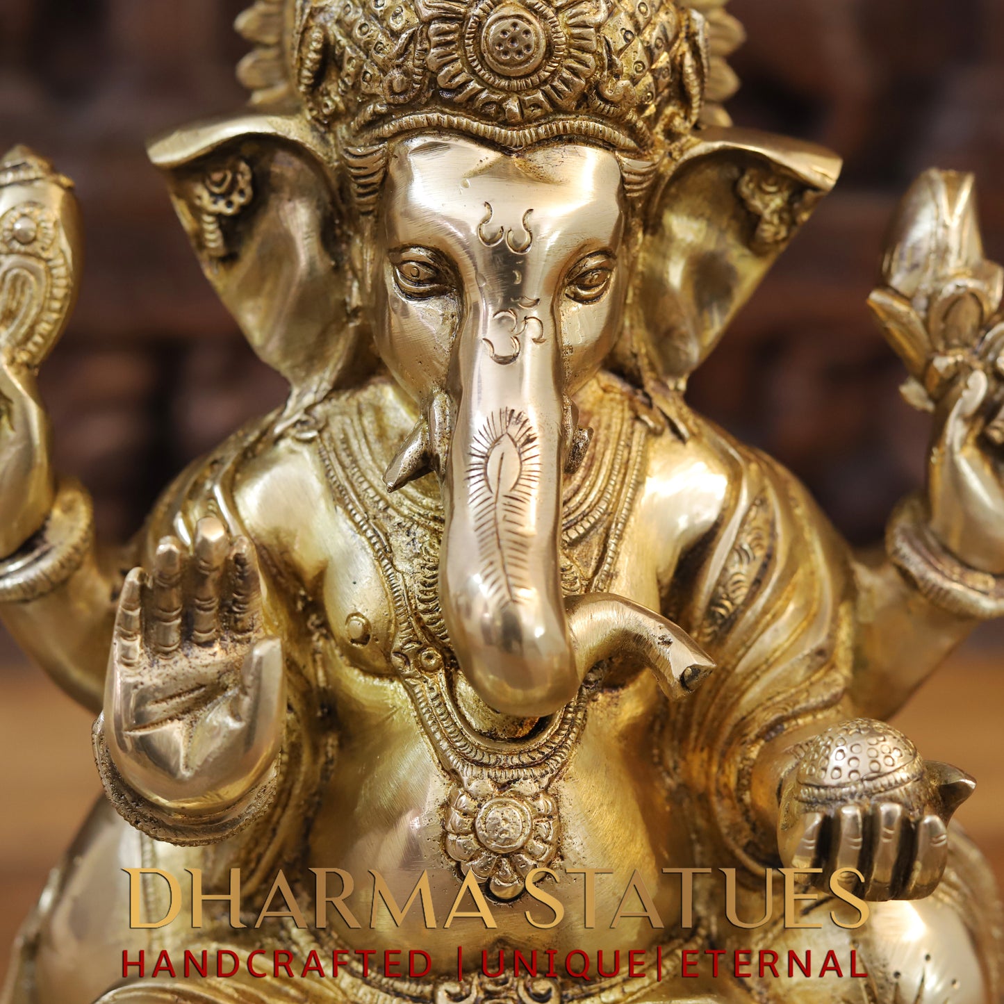 Brass Ganesh seated, Blessing Posture, Golden Finish, 12"