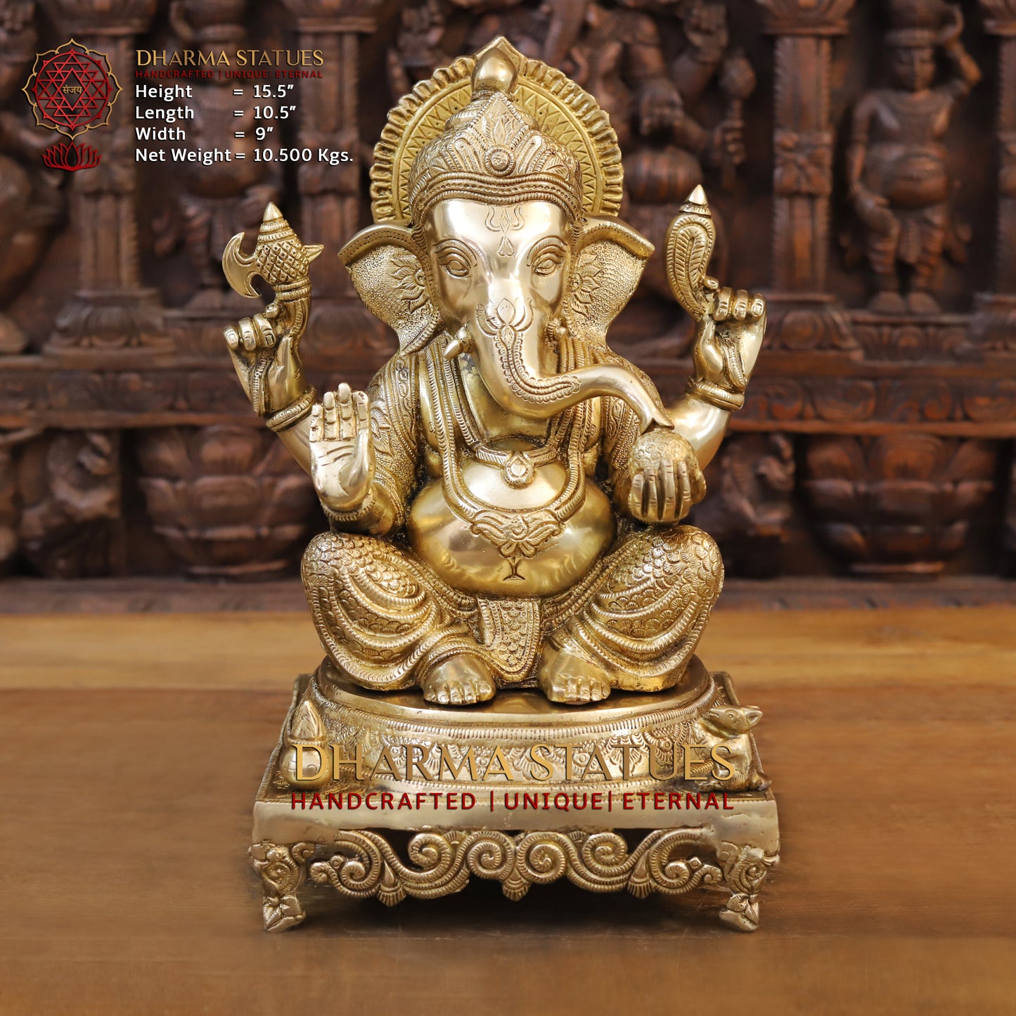 Brass Ganesh seated on Chowki, Blessing Posture, Golden Finish, 15.5"