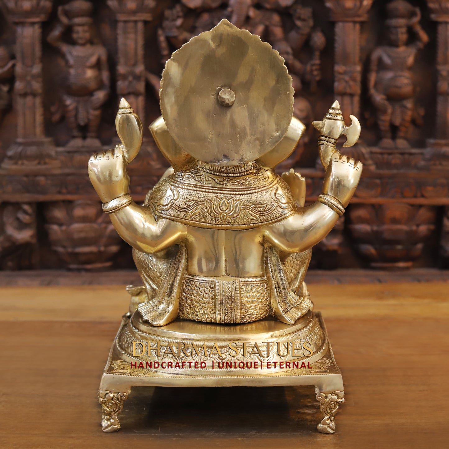 Brass Ganesh seated on Chowki, Blessing Posture, Golden Finish, 15.5"