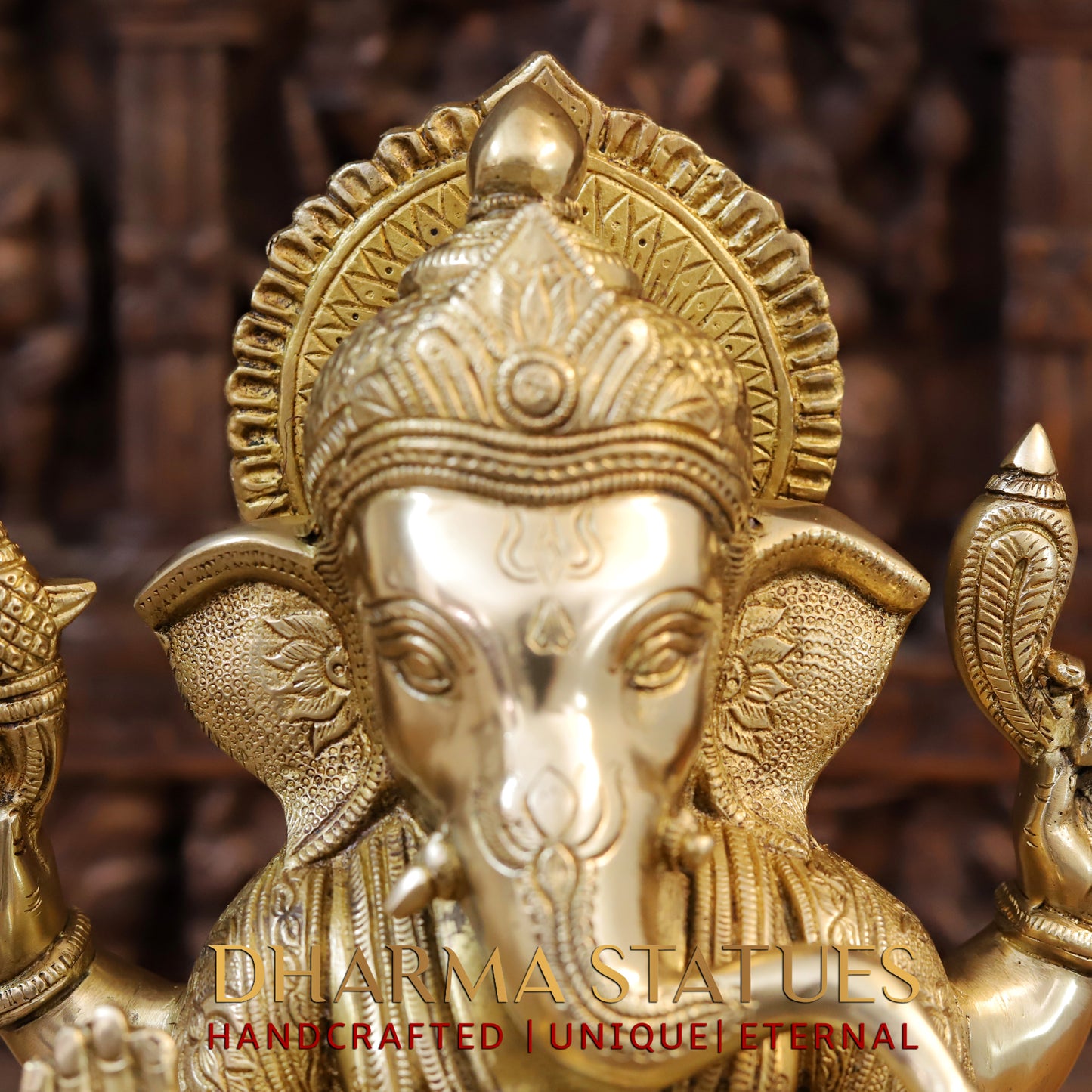 Brass Ganesh seated on Chowki, Blessing Posture, Golden Finish, 15.5"