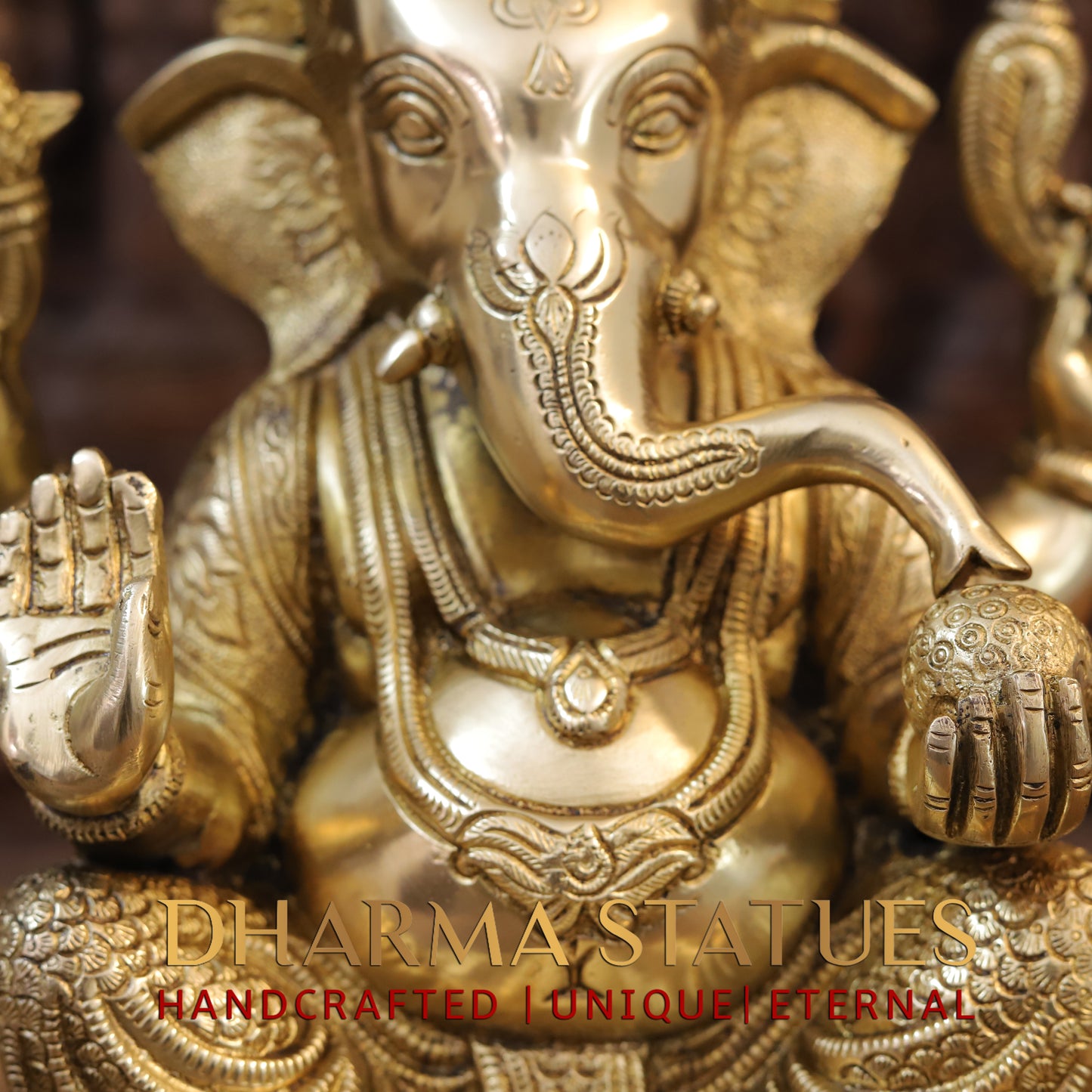 Brass Ganesh seated on Chowki, Blessing Posture, Golden Finish, 15.5"