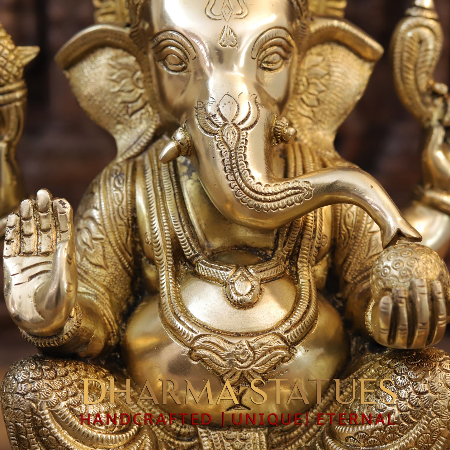 Brass Ganesh seated on Chowki, Blessing Posture, Golden Finish, 15.5"