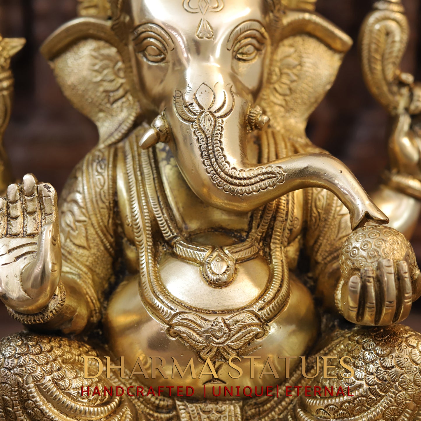 Brass Ganesh seated on Chowki, Blessing Posture, Golden Finish, 15.5"
