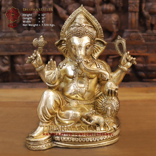 Brass Ganesh seated, Blessing Posture, Golden Finish, 12"