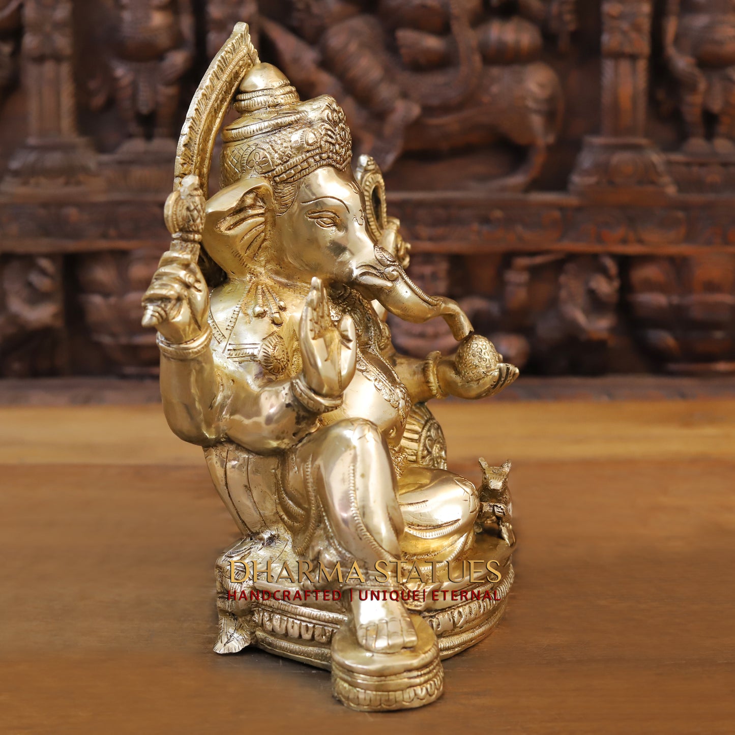 Brass Ganesh seated, Blessing Posture, Golden Finish, 12"
