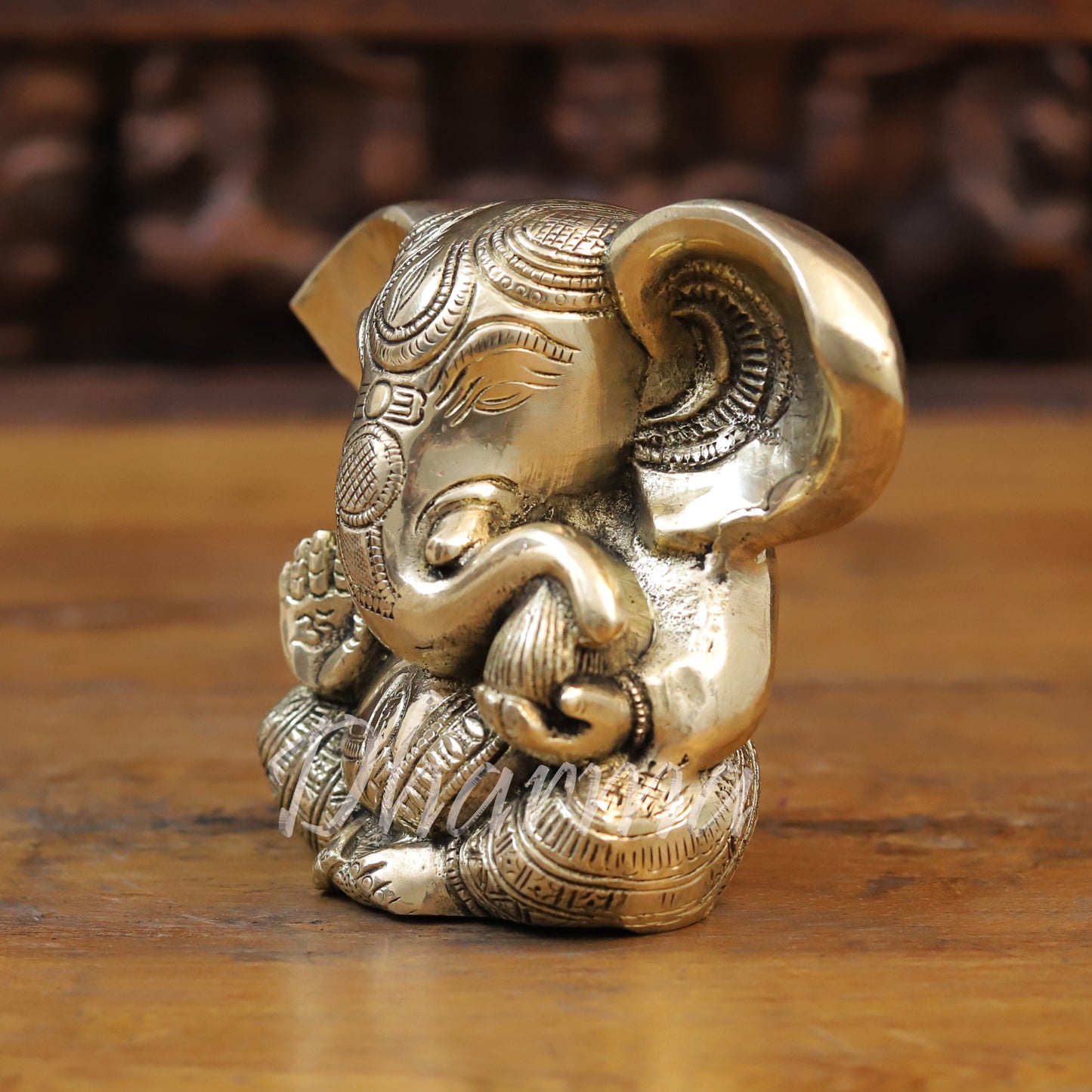 Brass Ganesh seated, Blessing Posture, Golden Finish, 4.5"
