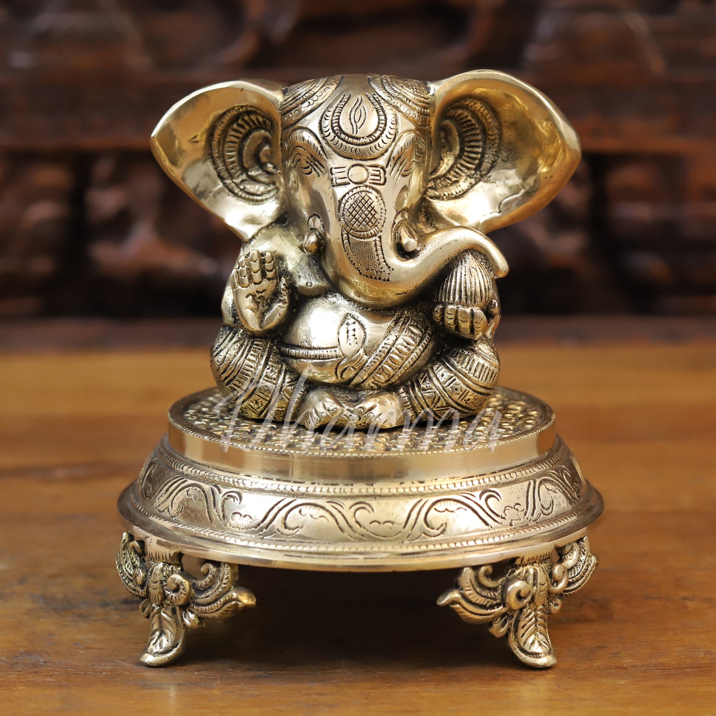 Brass Ganesh seated, Blessing Posture, Golden Finish, 4.5"