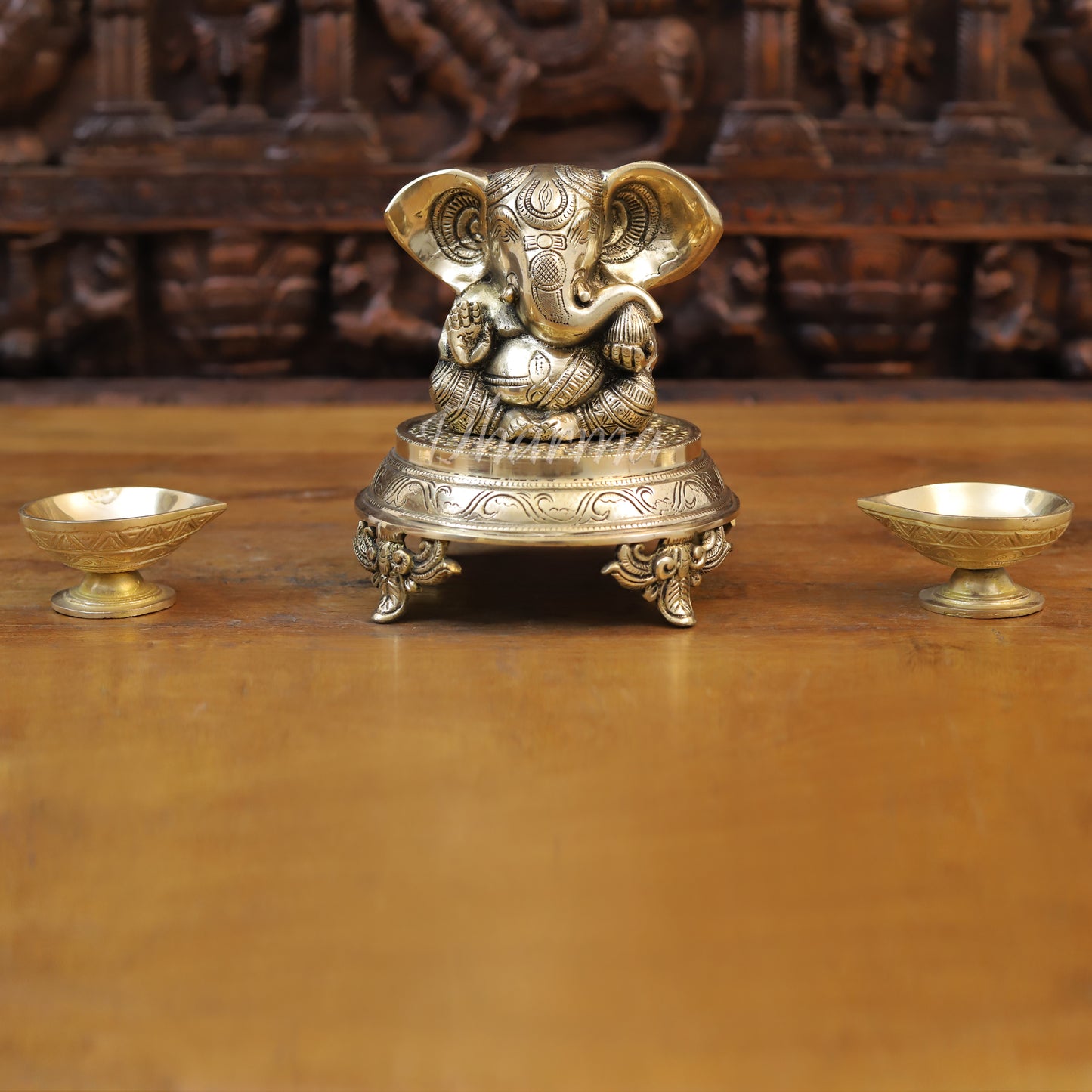 Brass Ganesh seated, Blessing Posture, Golden Finish, 4.5"