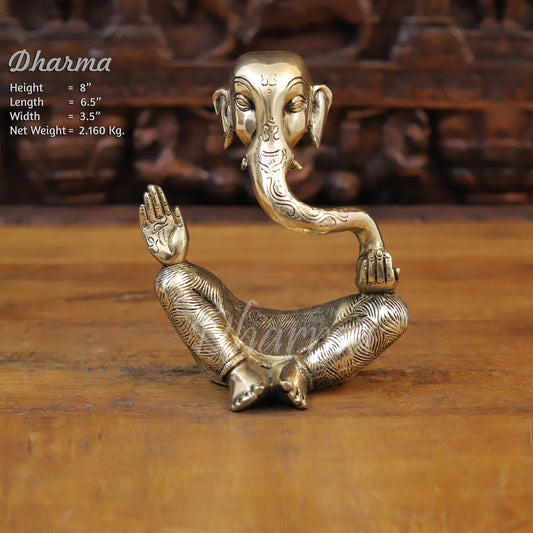 Brass Modern Ganesh seated in Blessing Posture, Golden Finish, 8"