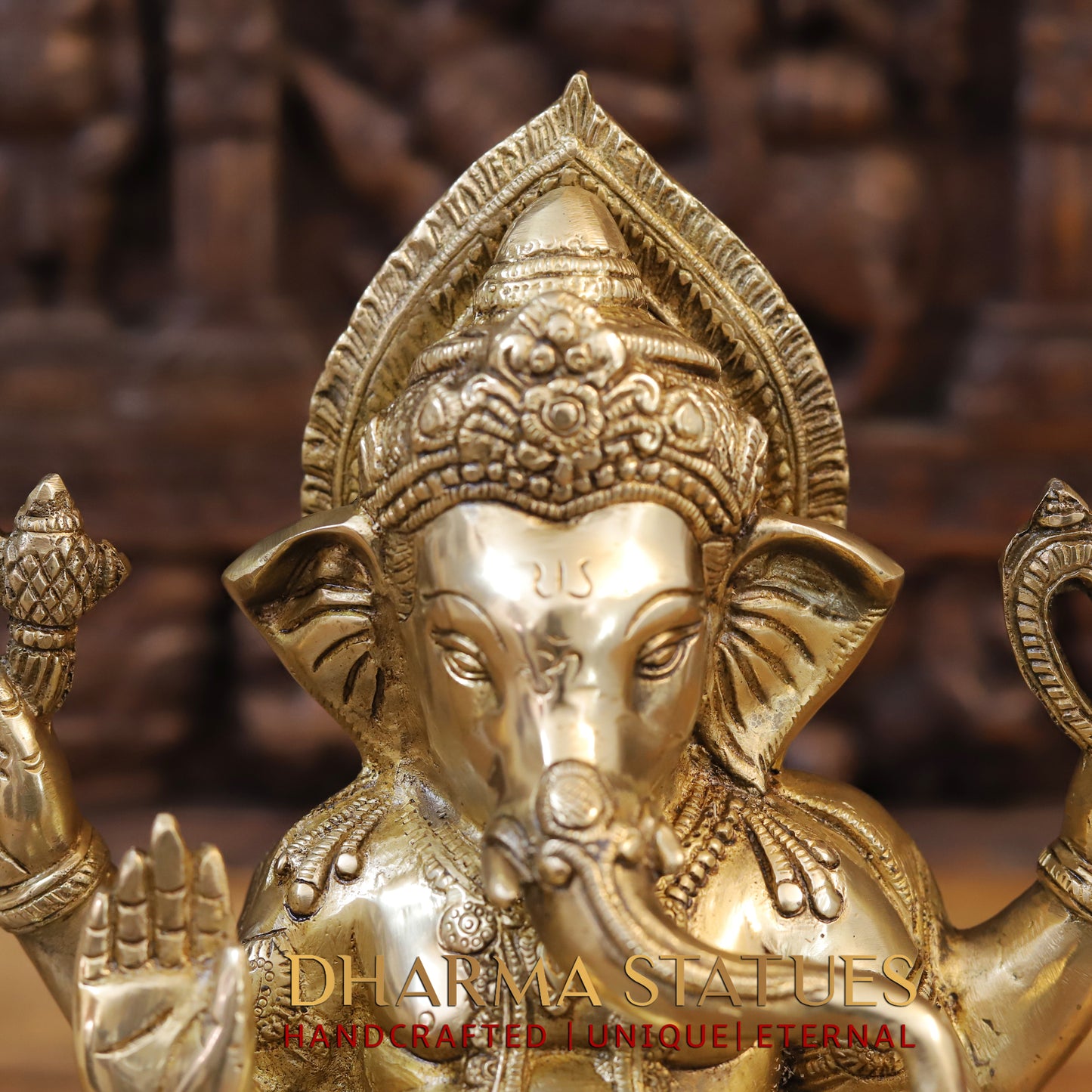 Brass Ganesh seated, Blessing Posture, Golden Finish, 12"