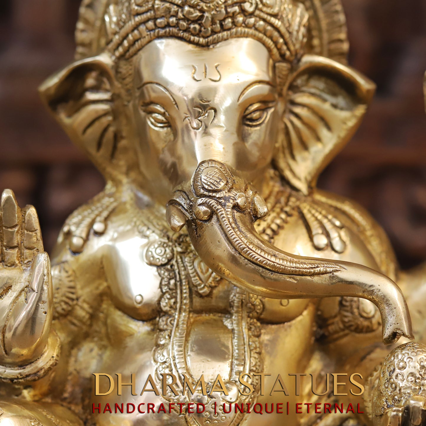 Brass Ganesh seated, Blessing Posture, Golden Finish, 12"